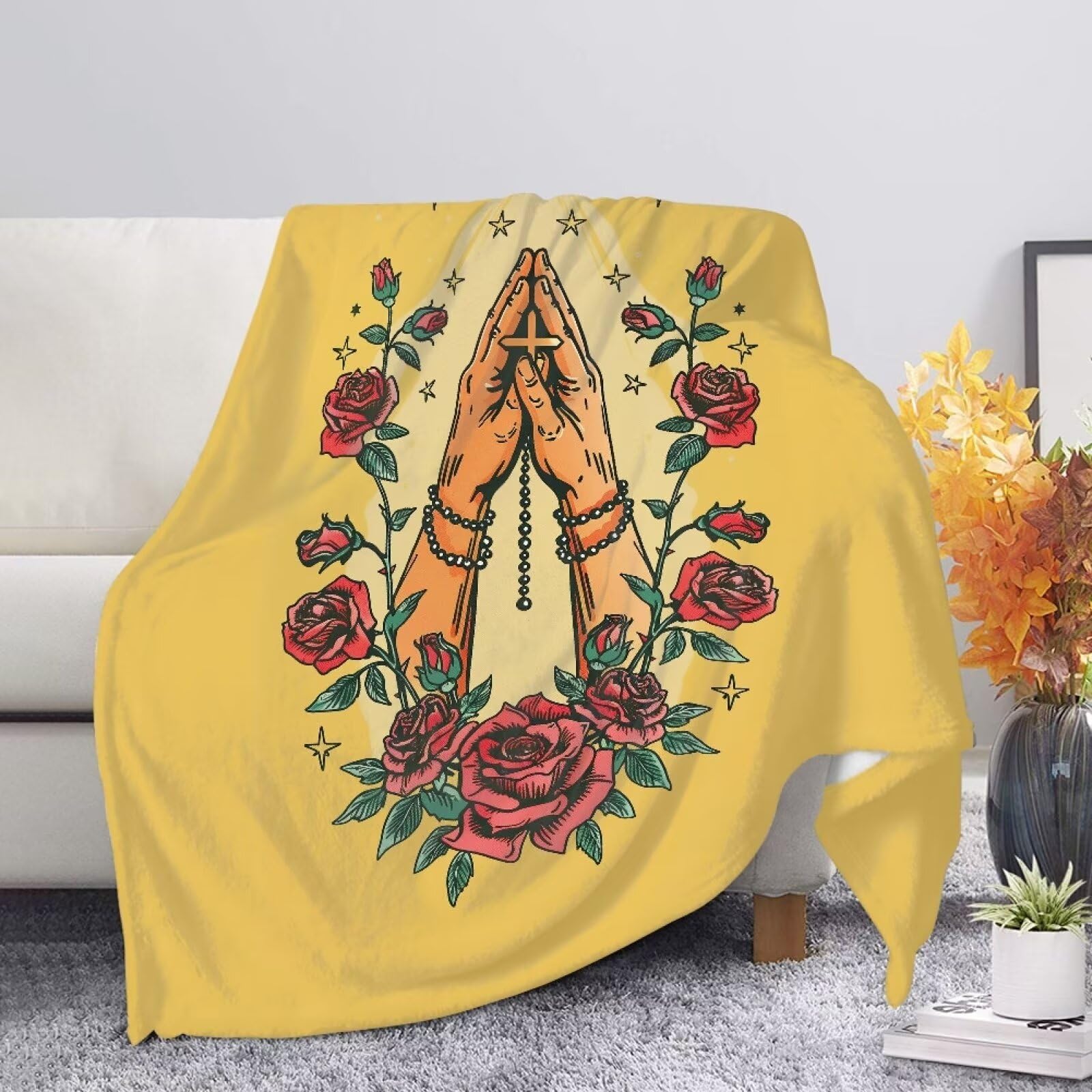 Allcute Rose Cross Throw Blanket for Couch Sofa Throws Fluffy Soft Winter Fall Blanket Home Decor Living Room Small Yellow Throw Blankets
