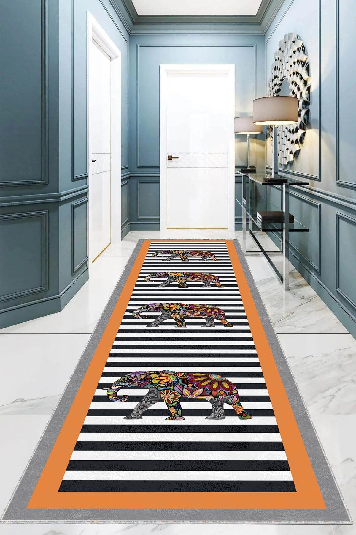 Pelangi Fil Desenli Etnik Dijital Baskı Yıkanabilir Modern Salon Filli Halı ve Yolluk (Turuncu), Turuncu 100 x 300, 955512221003007