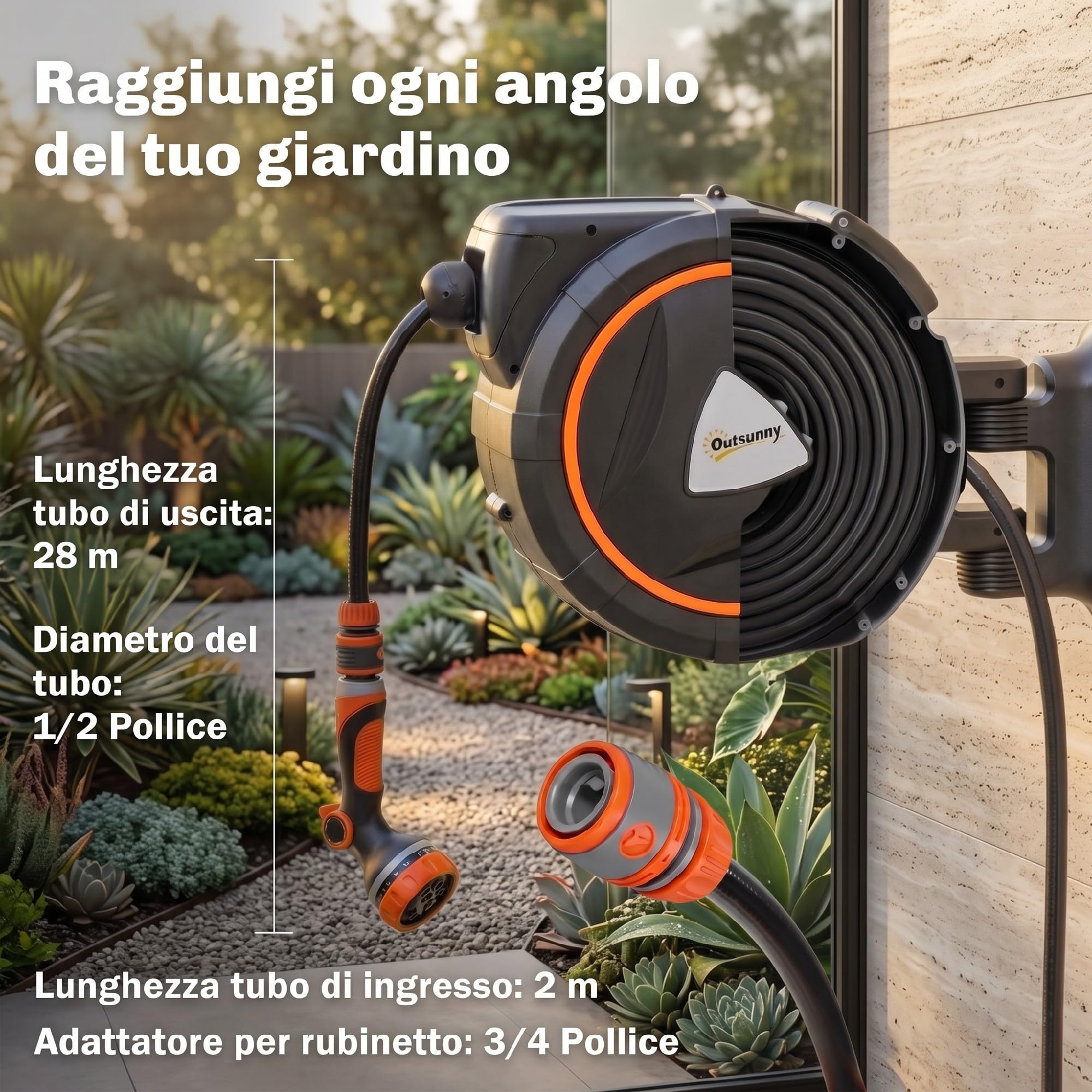 Outsunny Avvolgitubo da Giardino Retrattile con Tubo dell'Acqua 28+2 m