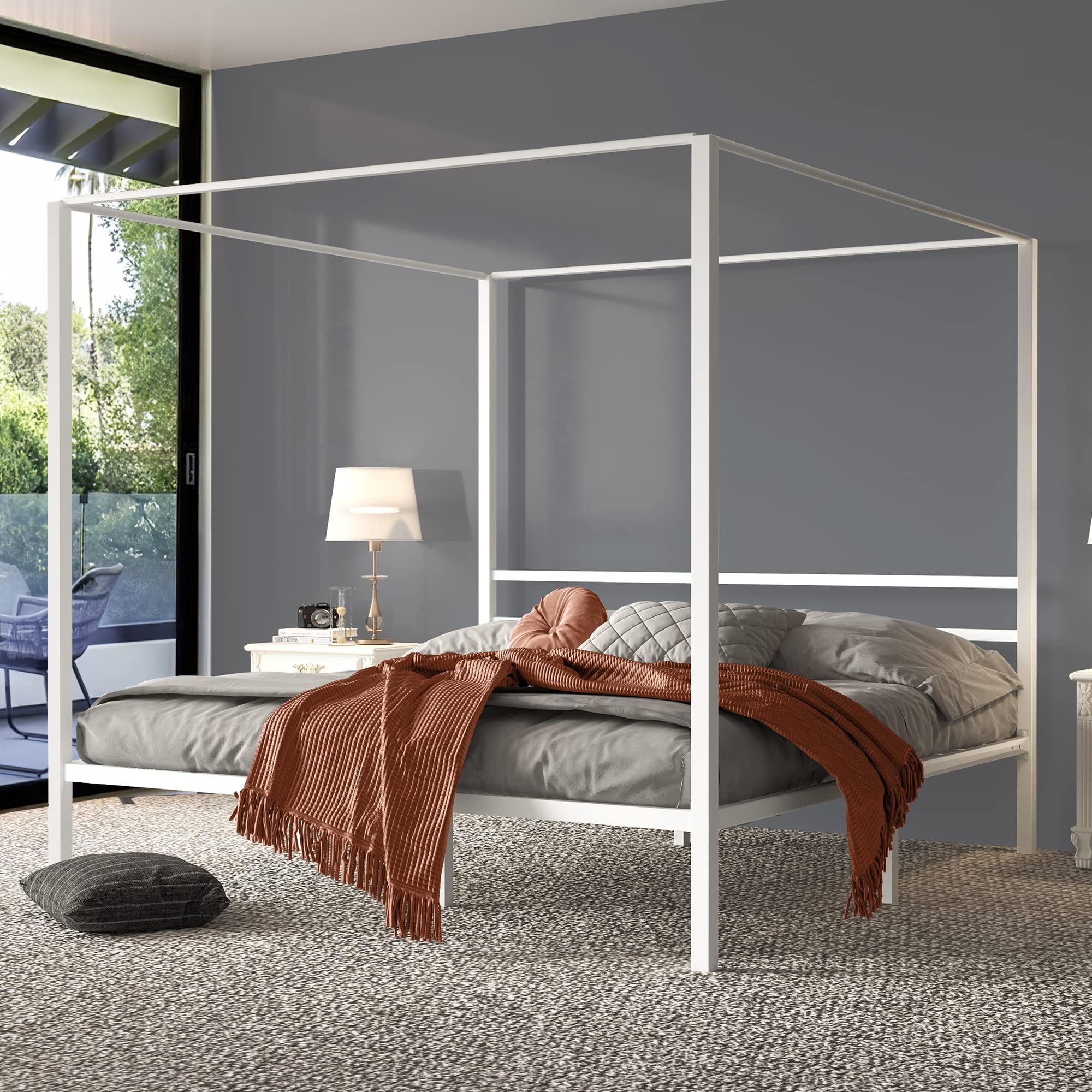 YITAHOME Metal Four Poster Canopy Bed Frame 14 Inch Platform with Built-in Headboard Strong Metal Slat Mattress Support, No Box Spring Needed, White, King Size