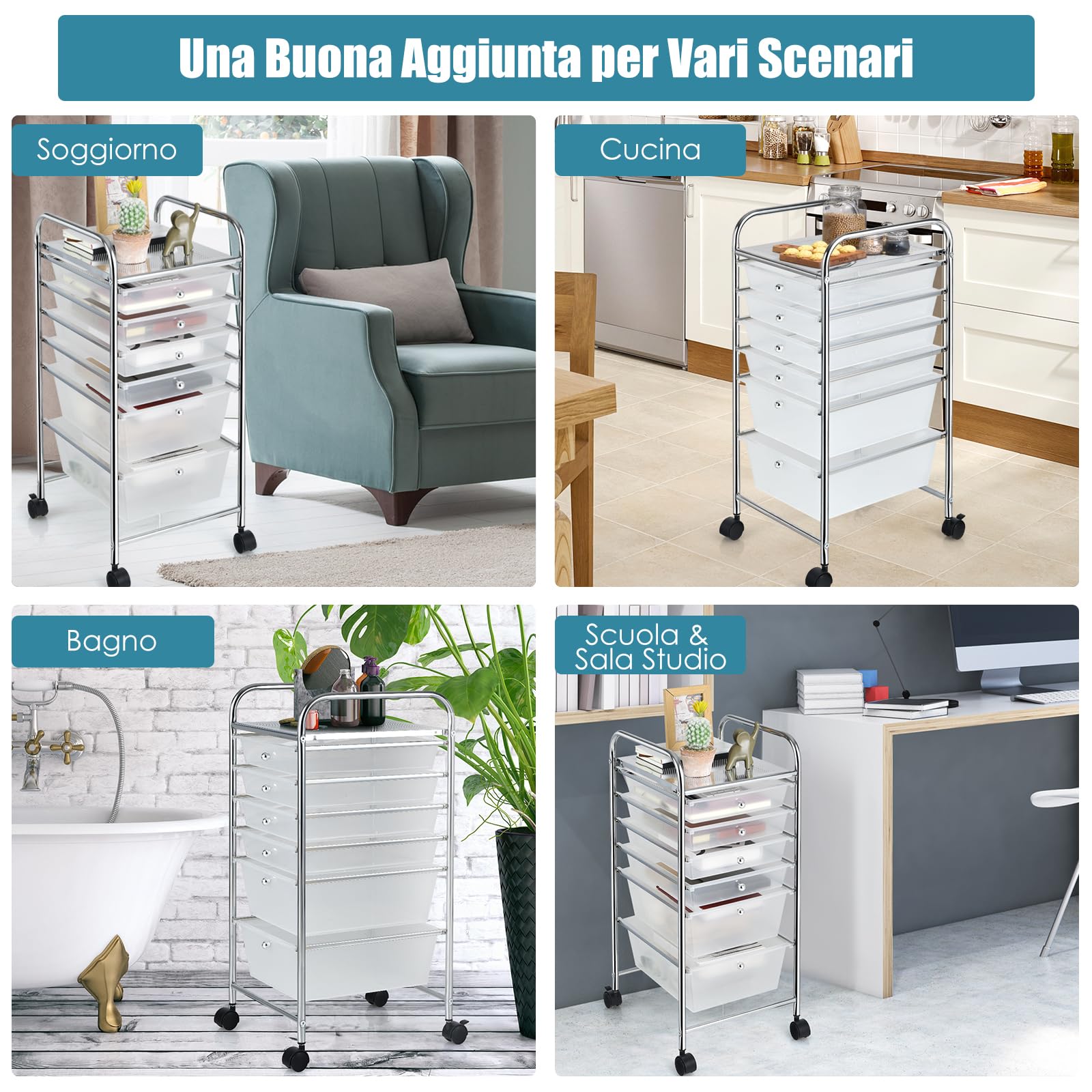 COSTWAY Carrello con 6 Cassetti e Ruote, Cassettiera in Plastica, con Due Dimensioni di Cassetti, Contenitore Multiuso per Casa Bagno e Ufficio, 37 x 74 x 32cm (Trasparente)