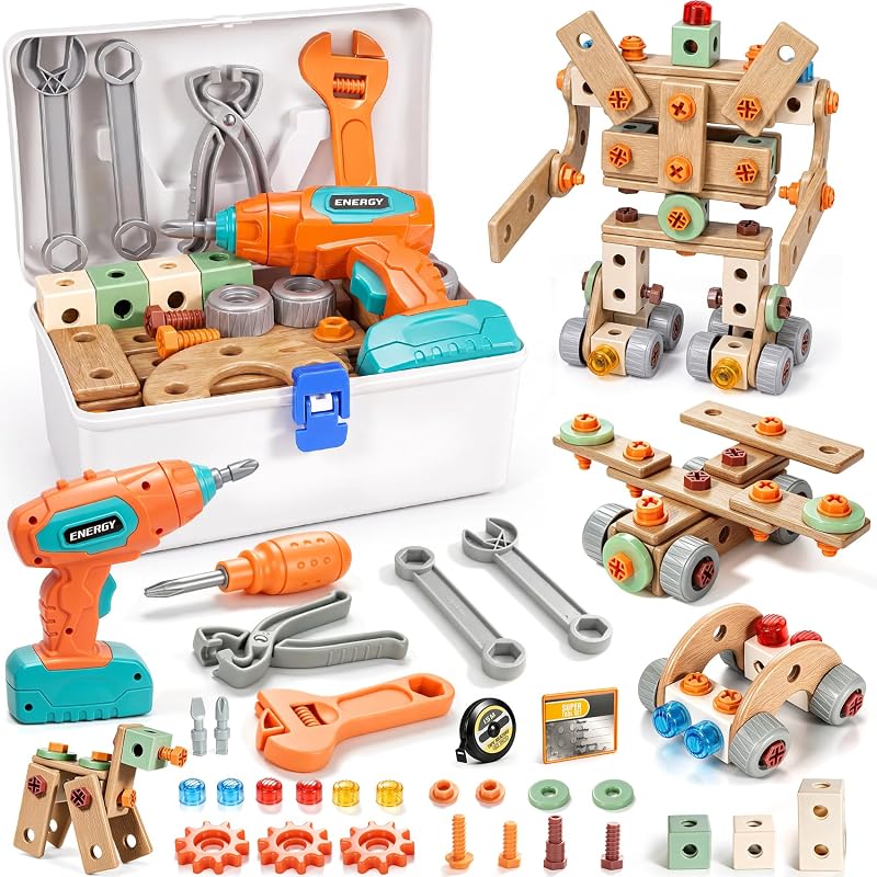 Juego de Herramientas para Niños con Taladro y Caja de Herramientas, Juguetes de Construcción STEM de 160PCS | Kit de Herramientas para Niños y Niñas de 3-4-5-6-7-8 Años, Juguetes Montessori para Más de 3 Años, Juego de Diseño y Taladro de Juego de Pretensión
