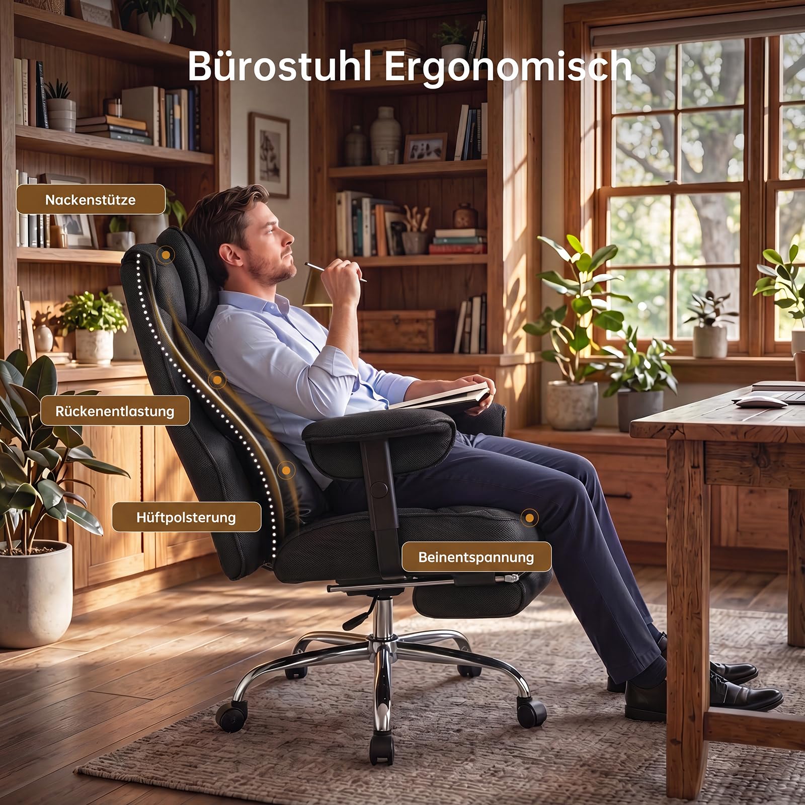 Ergonomischer Bürostuhl 200kg, XXL Chefsessel Fußstütze Homeoffice | XXL Schreibtischstuhl Ergonomisch, 90–135° Rückenlehne, W-Form Sitzkissen, Lendenkissen, Mesh Stoff Schwarz