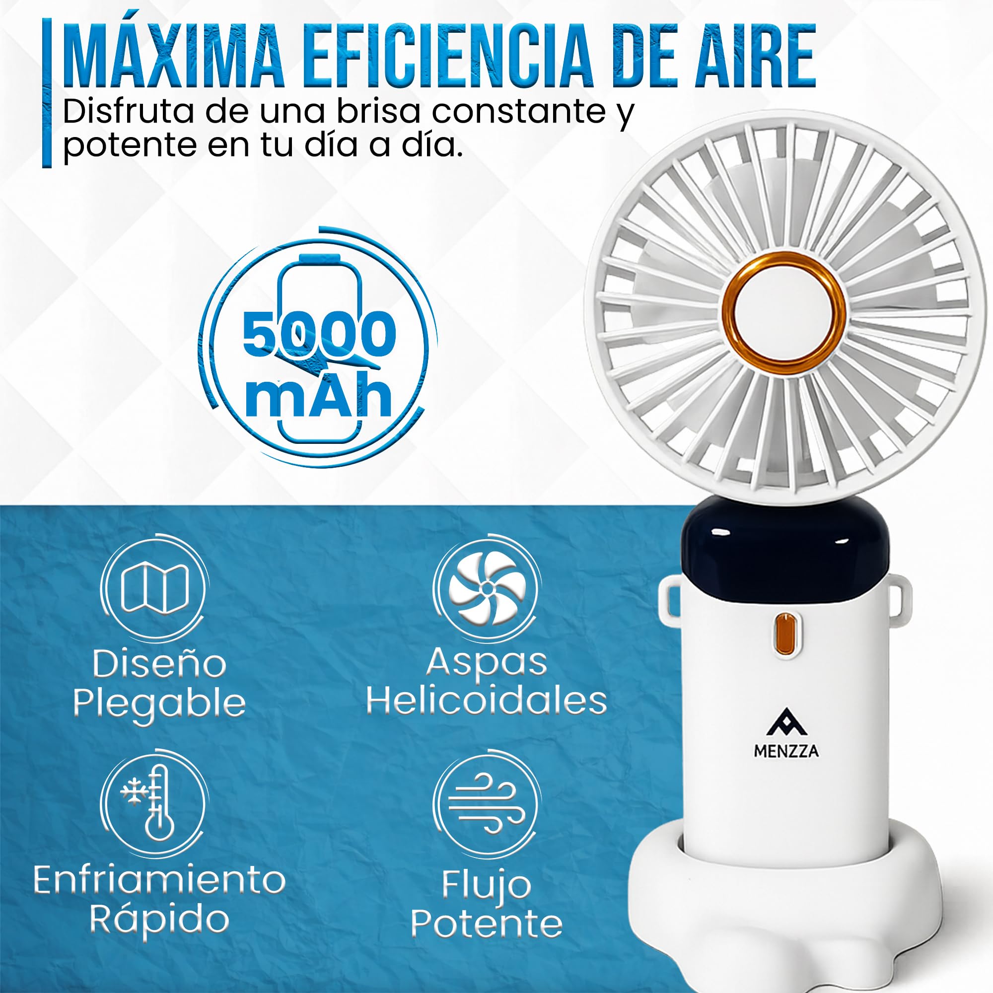 MENZZA® Ventilador Portatil 3 En 1 I 5 Velocidades I Ventilador De Mesa Recargable Por USB I Mini Ventilador Silencioso De Mano + Base + Cuerda Cuello Incluidas I 5000mAh. — view 3