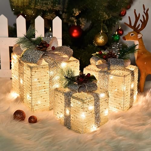 Cajas de regalo iluminadas de Navidad, luces preiluminadas, cajas de regalo de tela de lino dorado, juego de cajas de regalo iluminadas a pilas de