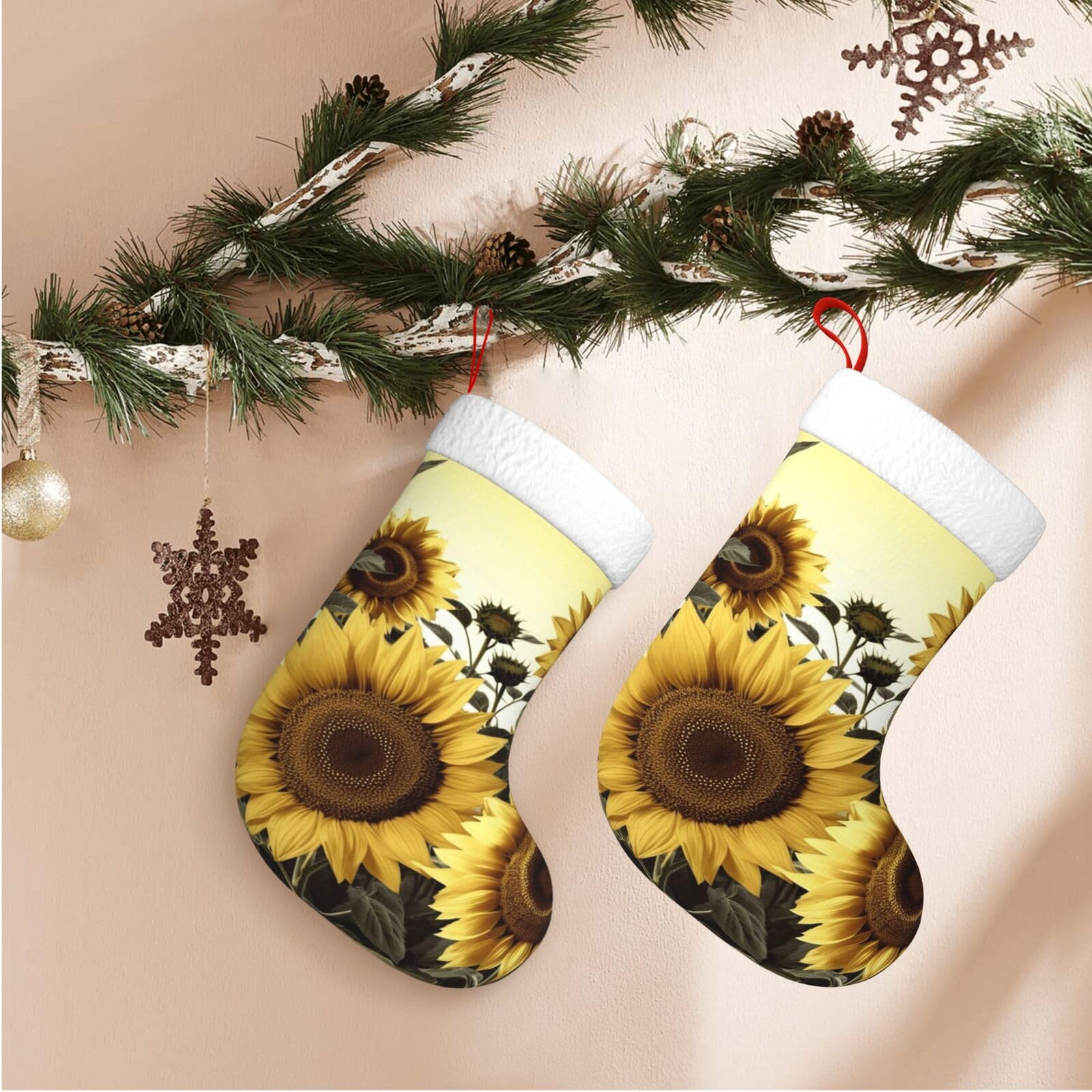 Yellow Sunflower Floral Christmas Stockings Velvet Xmas Fireplace Hanging Stocking with Plush Cuff Rustic Christmas Santa Stockings for Home Christmas Decorations Party Favor Supplies