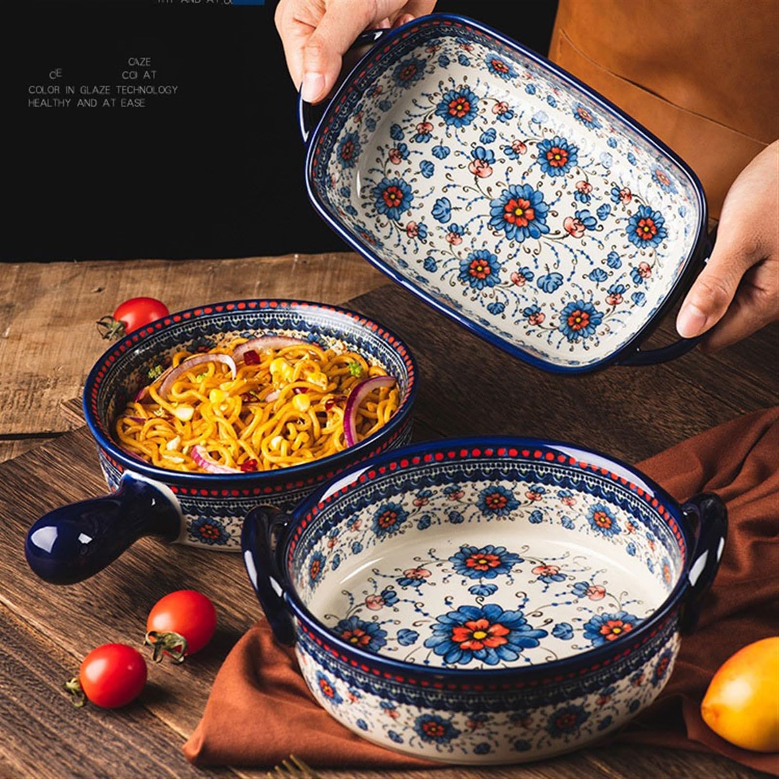 Zastawa stołowa,Pieczenie Naczynia do pieczenia na zapiekanki Vintage ceramiczne naczynie do zapiekania Uchwyt do użytku domowego Miska Zastawa stołowa Kreatywna Miska z podwójnym uchem Miska na zupę