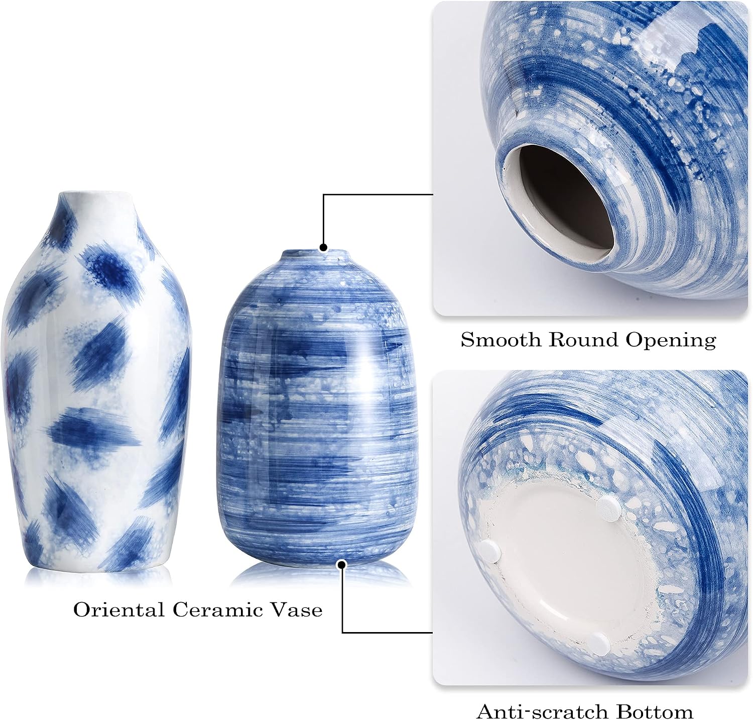TERESA'S COLLECTIONS Blue Ceramic Vase for Modern Home Decor, Blue and White Vases for Flowers, Glazed Vases with Brush Effect for Centerpieces, Shelf, Living Room, Mantel -Set of 2, 7&8 inches