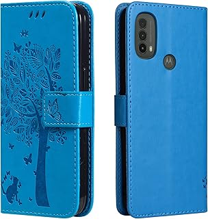 Case for Motorola Moto E20 / E30 / E40, Flip Case with Card Slots Magnetic Closure Stand PU Leather Wallet Phone Cover Cat & Tree Embossed Soft TPU Bumper Protective Shockproof Case, Blue