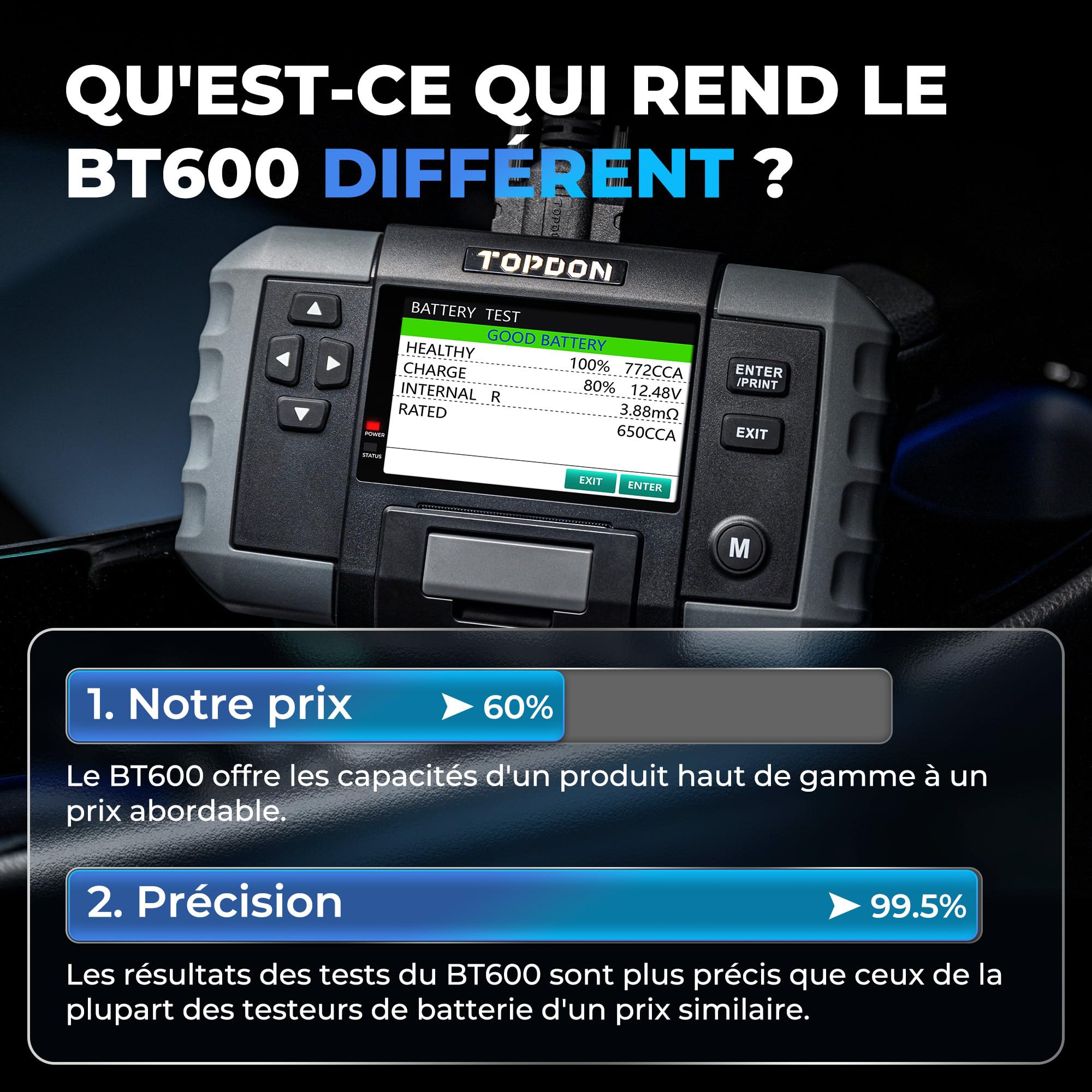 TOPDON Testeur de batterie BT600, 12V 24V Testeur Batterie Voiture kfz avec imprimante 100 à 2000 CCA écran couleur de 3,5 pouces câble de 5,9 pieds, mini USB pour les mises à jour logicielles