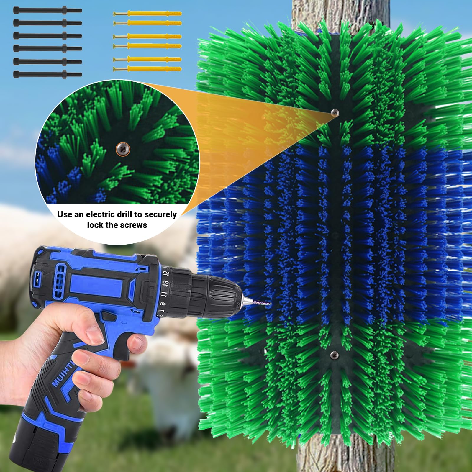 Set 2 Spazzole Grattanti e Pulizia per Cavalli, Mucche, Capre, Maiali – Setole Resistenti – Rimozione Prurito e Pelo Morto – Uso Stalla – Blu e Giallo (2 pezzi)
