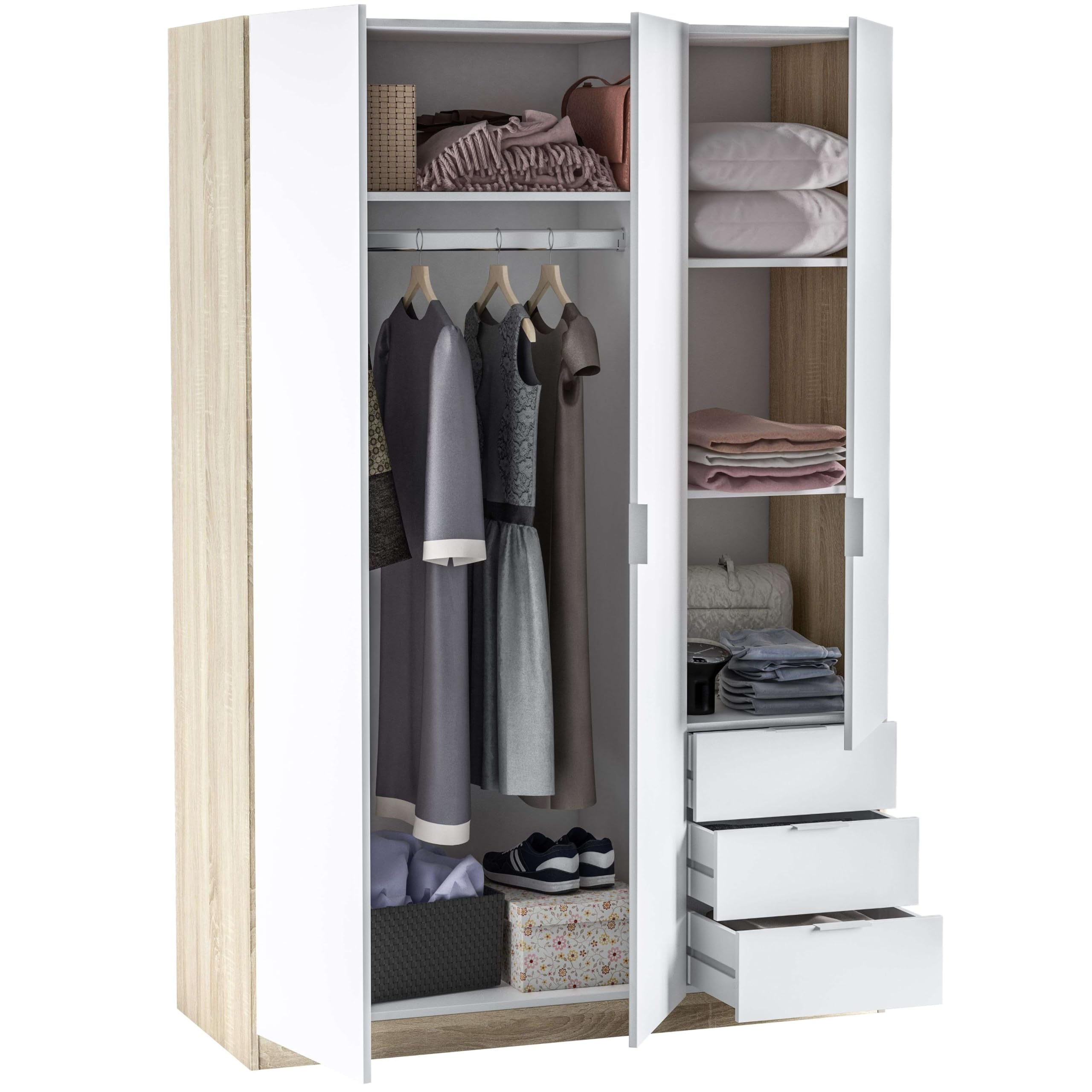 Armadio con tre ante e tre cassetti, finitura rovere canadese/bianco, dimensioni 121 cm (L) x 180 cm (A) x 52 cm (P)