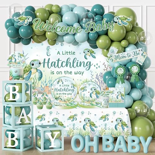 Under the Sea Baby Shower Decorations, Ocean Themed Party Supplies with Backdrop Balloons Tablecloth Plates Napkins Cake Topper for Sea You Soon Baby Shower, Under the Sea Decorations for 20 Guests