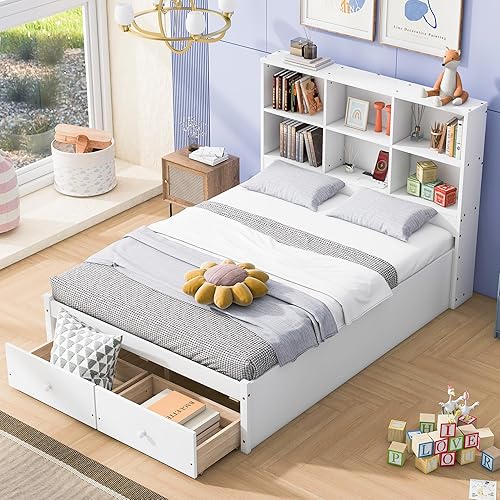 Miniatura 11 de Cama de plataforma de tamaño Queen con cabecero y cajones, marco de cama de plataforma de madera maciza con estantes, puertos USB y enchufes, marco