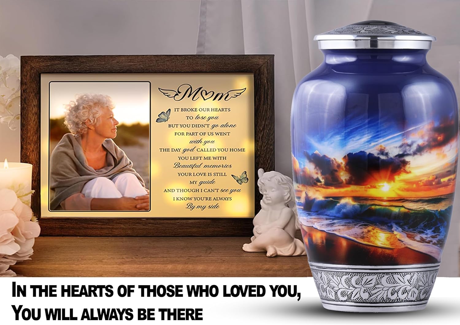 Beach Theme Cremation Urn for Human Ashes Adult – Large Funeral Urn for Men & Women (200 Cu in), Decorative Memorial Urn for Ashes, Burial Urn with Velvet Bag.