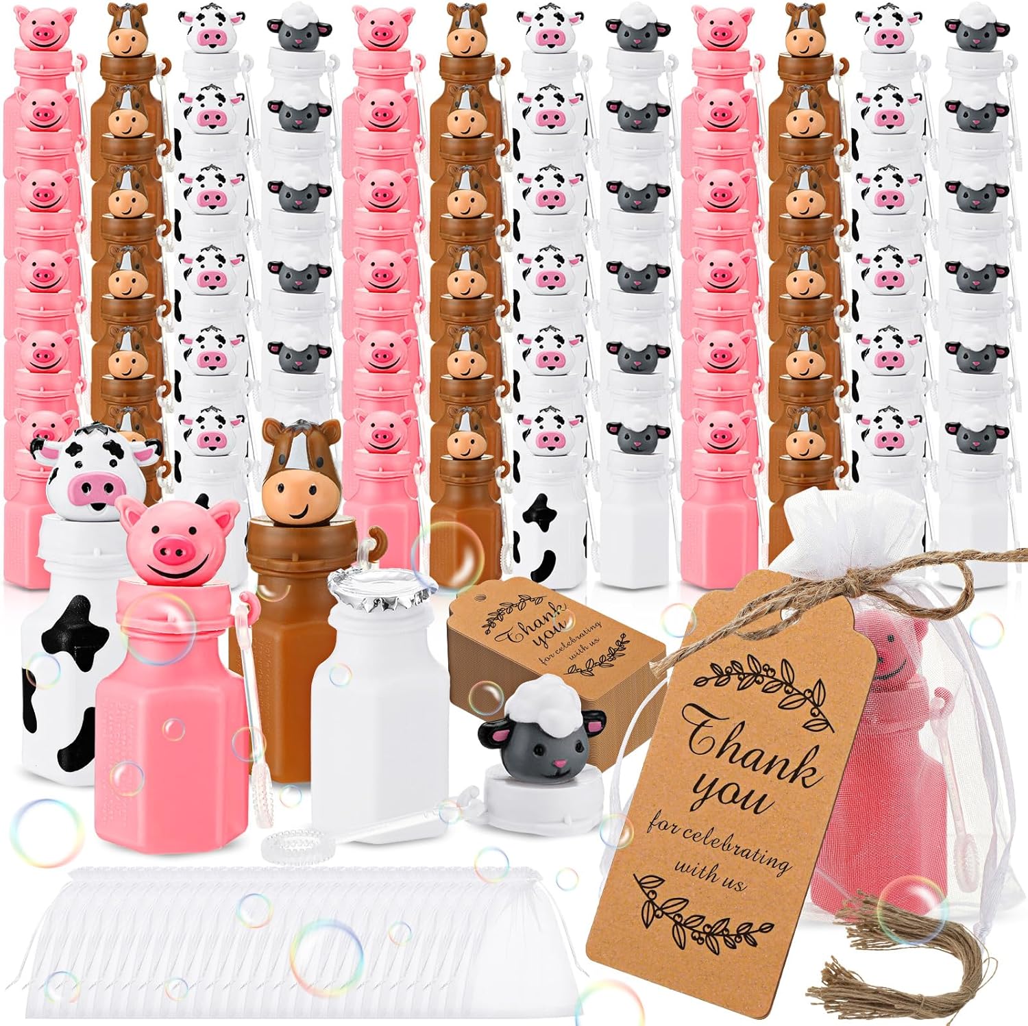 72 Pack Farm Animal Bubbles Barnyard Farm Animal Bubbles Party Favors with Bags and Thank You Cards, Birthday Party Supplies Includes Horse Sheep Pig and Cow