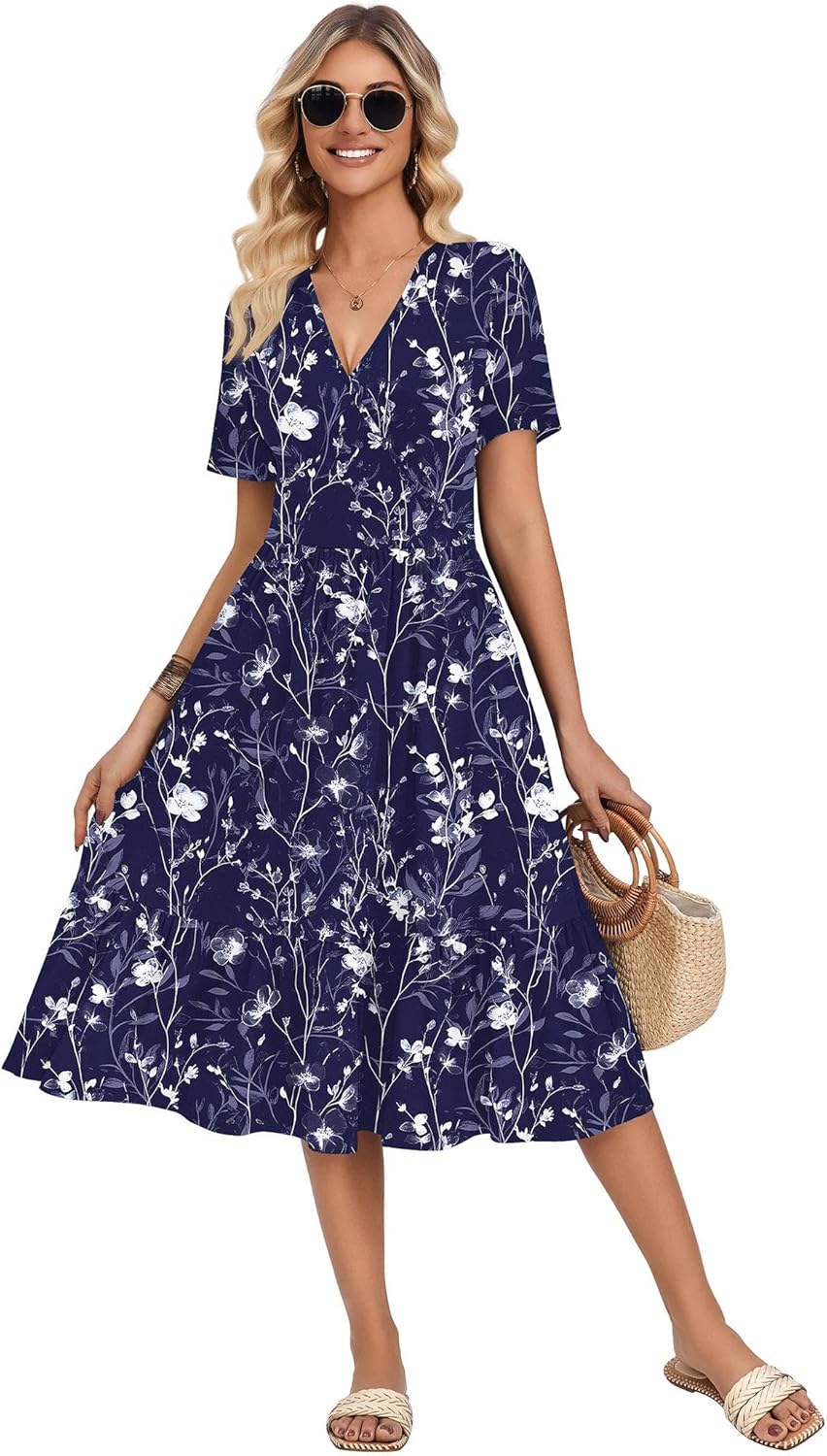 Zeagoo Womens Summer Warp V-Neck Casual Dresses Short Sleeve Midi Floral Dress with Pockets Tiered Flowy A Line Sundress - Image 2