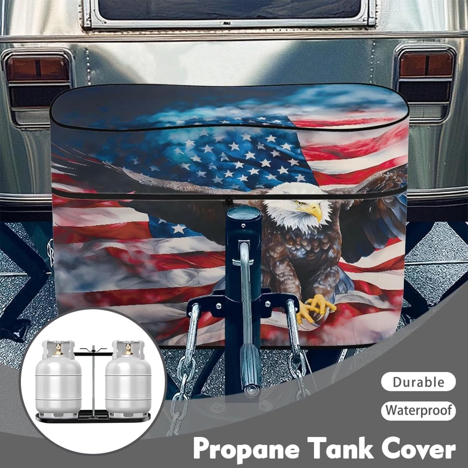 RV Propane Tank Cover for Camper with USA Flag Eagle Print,RV Double 40lb Propane Gas Tank Cover Weather Resistant Gas Cylinder Cover Camper Accessories for Outdoors