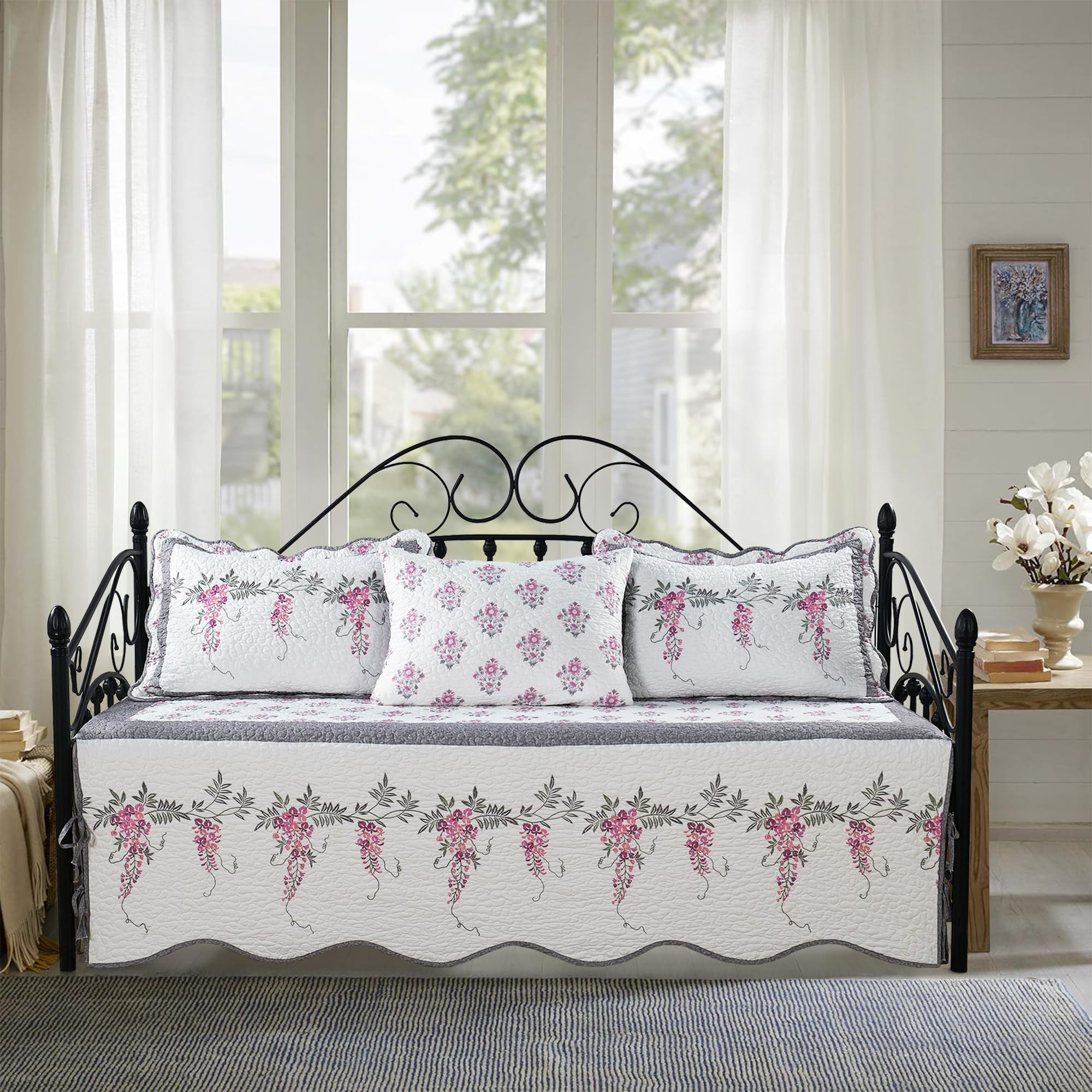 4-Piece Quilted Microfiber Daybed Cover Set with Floral Embroidery, All Season Luxurious Bedding with Matching Shams, 75"x39", Wisteria