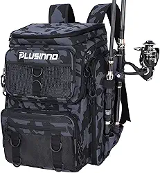 PLUSINNO Mochila de pesca com caixa de equipamentos de suporte de vara, grande 42L resistente à água, bolsa de equipamentos de pesca, loja de equipamentos de pesca