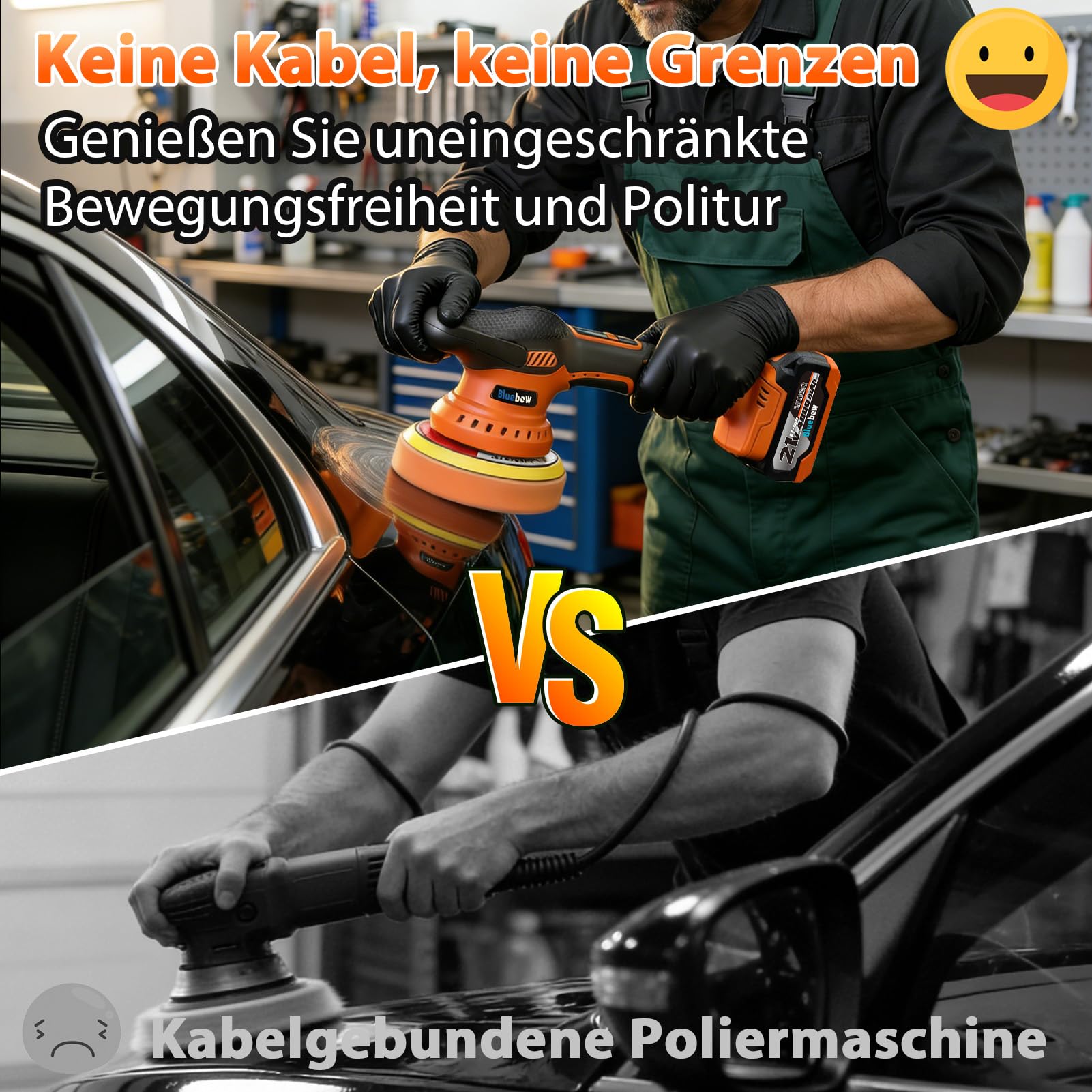 Akku Poliermaschine Auto, 6 Zoll Polierer Set 2x 4000mAh 21V-Akkus, 8 variablen Geschwindigkeitsstufen, LED-Display und 18-teiligem Polier-Zubehörset für Wachsen, Polieren und Kratzerentfernung