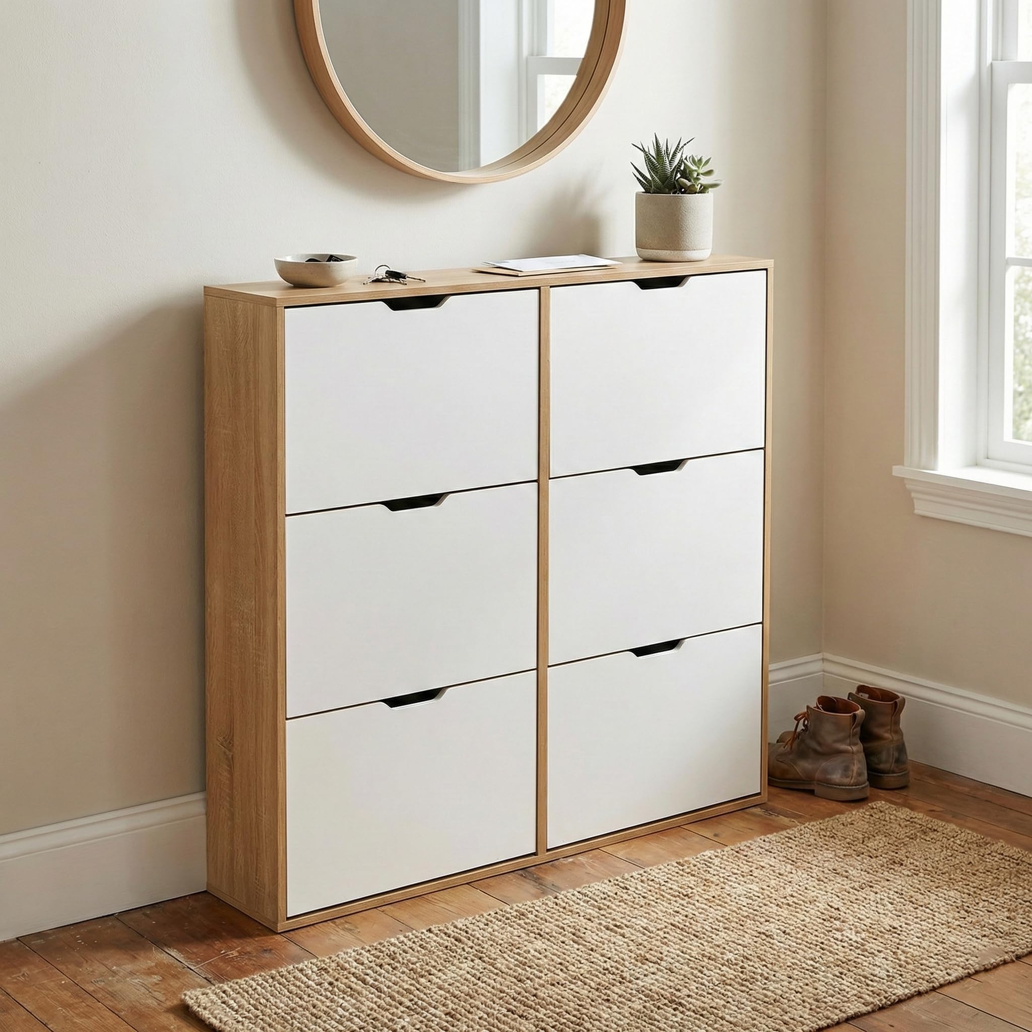 Brigros - Scarpiera Salvaspazio Slim In Legno Con 6 Ante A Ribalta, Mobile Portascarpe Moderno Da Ingresso 120x24x114 Cm Per Corridoio Stretto O Camera Da Letto (Rovere+Bianco)