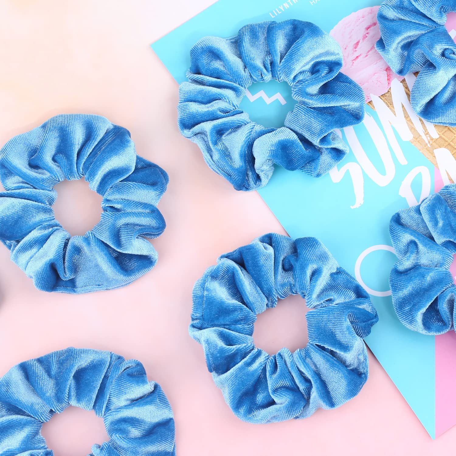 VENUSTE Azure Blue Scrunchies, Premium Velvet Scrunchy for Hair Solid Colors Thick Hair Bands - Image 3