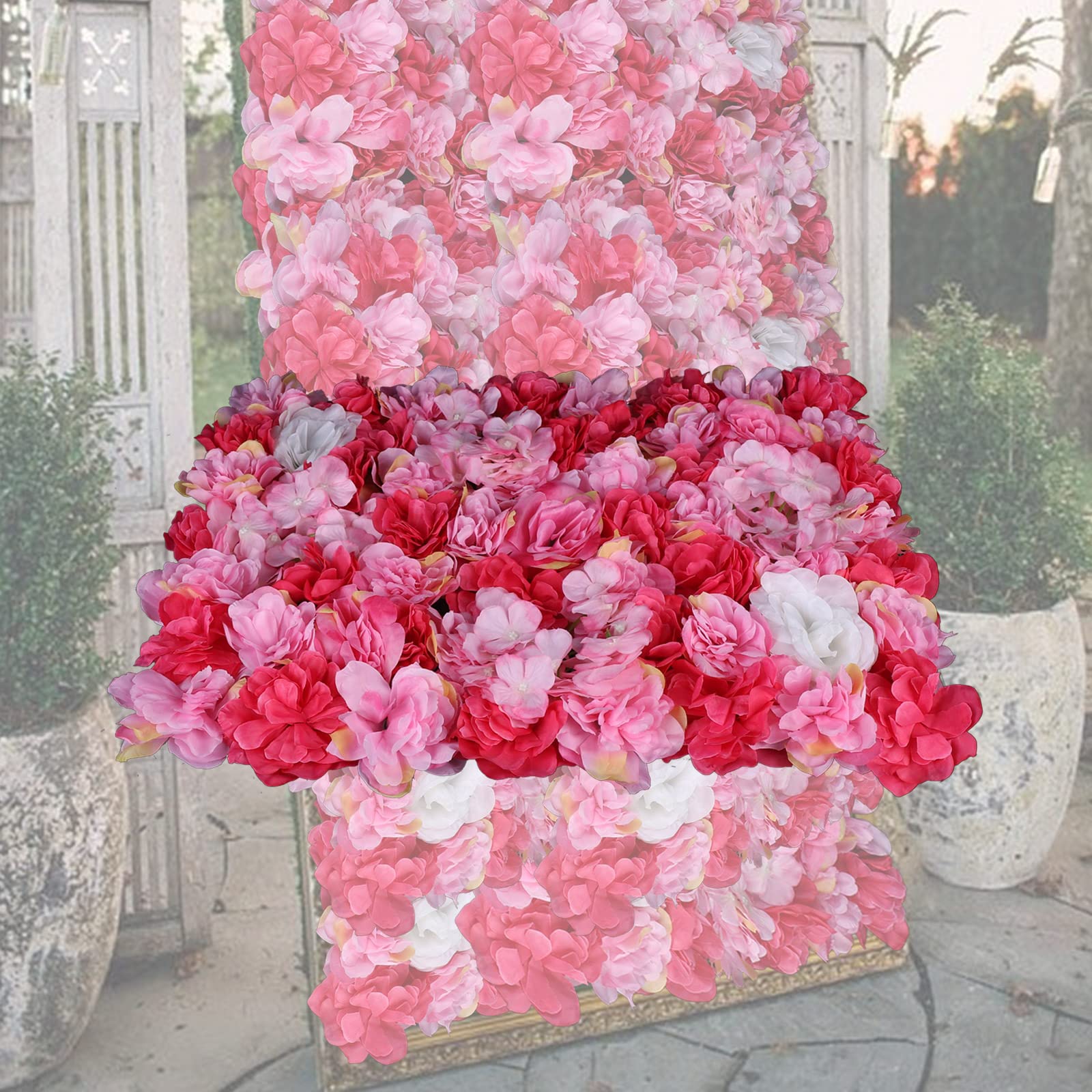 6 Stück Blumen Wandpaneel Künstliche Blumenwand Seidenrosen Wandpaneele 60x40cm Rosenwand Blume Panel, Blumenpaneele Hintergrund Wanddekoration für Hochzeit Party, Rot-Rosa
