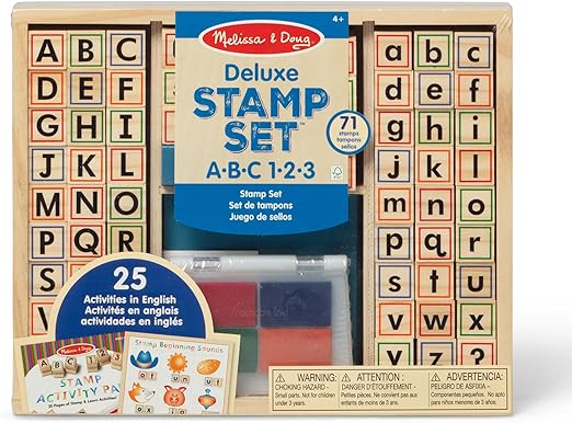 Melissa & Doug Deluxe Wooden Toy Stamp Set ABCs 123s Arts and Crafts Stamp Sets and Stencils 3+ Gift for Boy or Girl