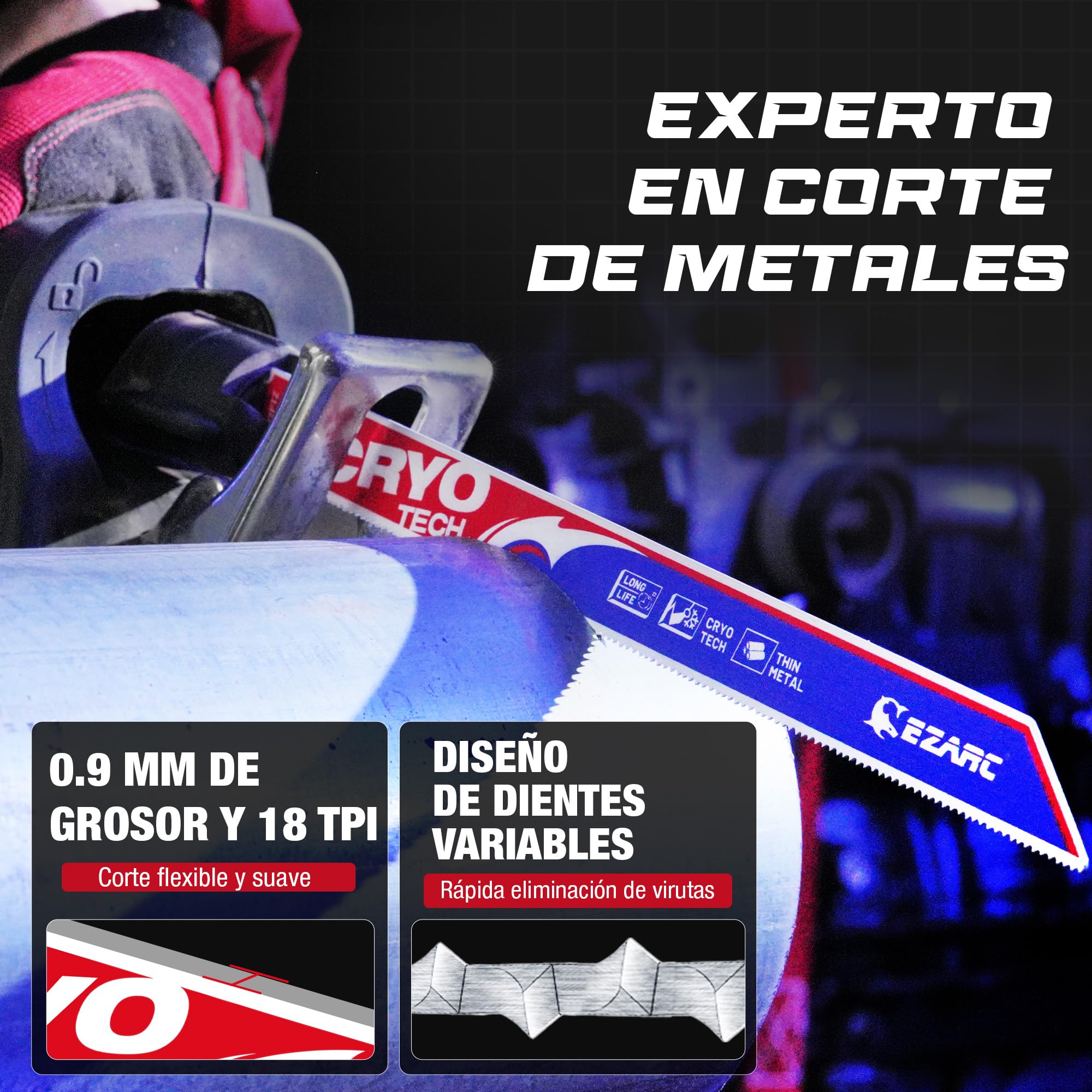 EZARC Hojas De Sierra Sable Para Metal 225 mm 18 TPI, Pack de 5, Hoja Sierra Sable BimetáLica Con Cryo Tech, Con 8% De Cobalto Para Corte De Metal R622PMZ