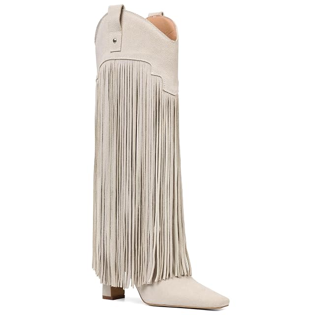 Mattiventon Knee High Boots for Women Fashion Fringe Boots with Square Toe Chunky Heel Pull On Suede Tall