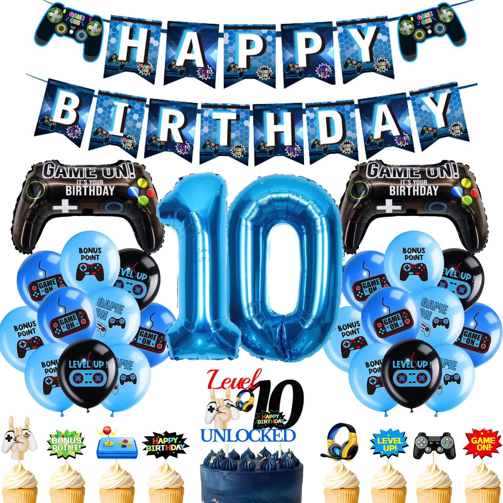 10th Birthday Decorations Video Game - 34 Pcs Blue Gaming Party Decoration Happy Birthday Banner Game Controller Foil Balloons Number 10 Balloon Level Up Cupcake Toppers for Boys Party Supplies — image 1