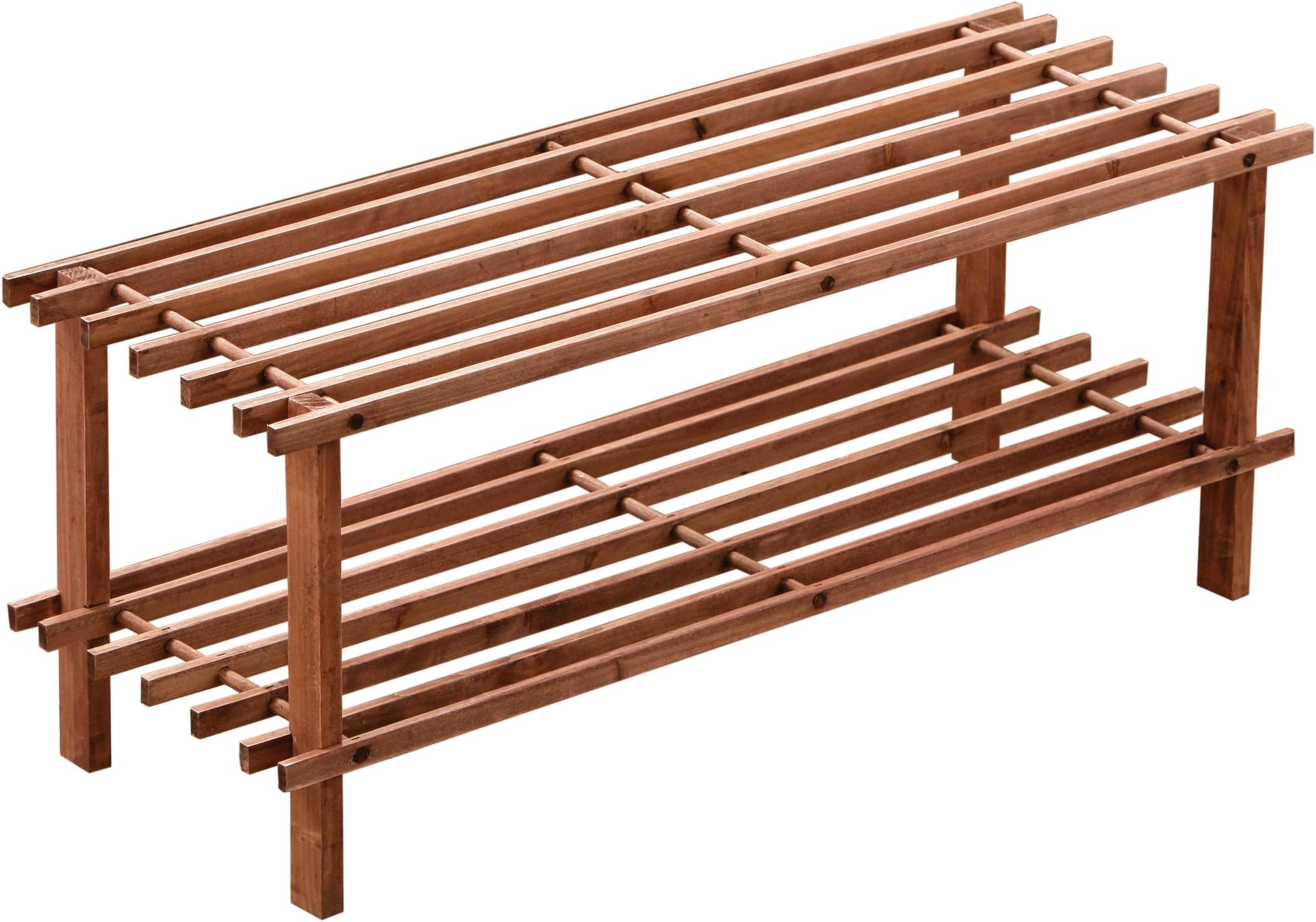 Dark Cedar Wood 2 Tier Slatted Shoe Rack Stand Shelf Organiser Wooden
