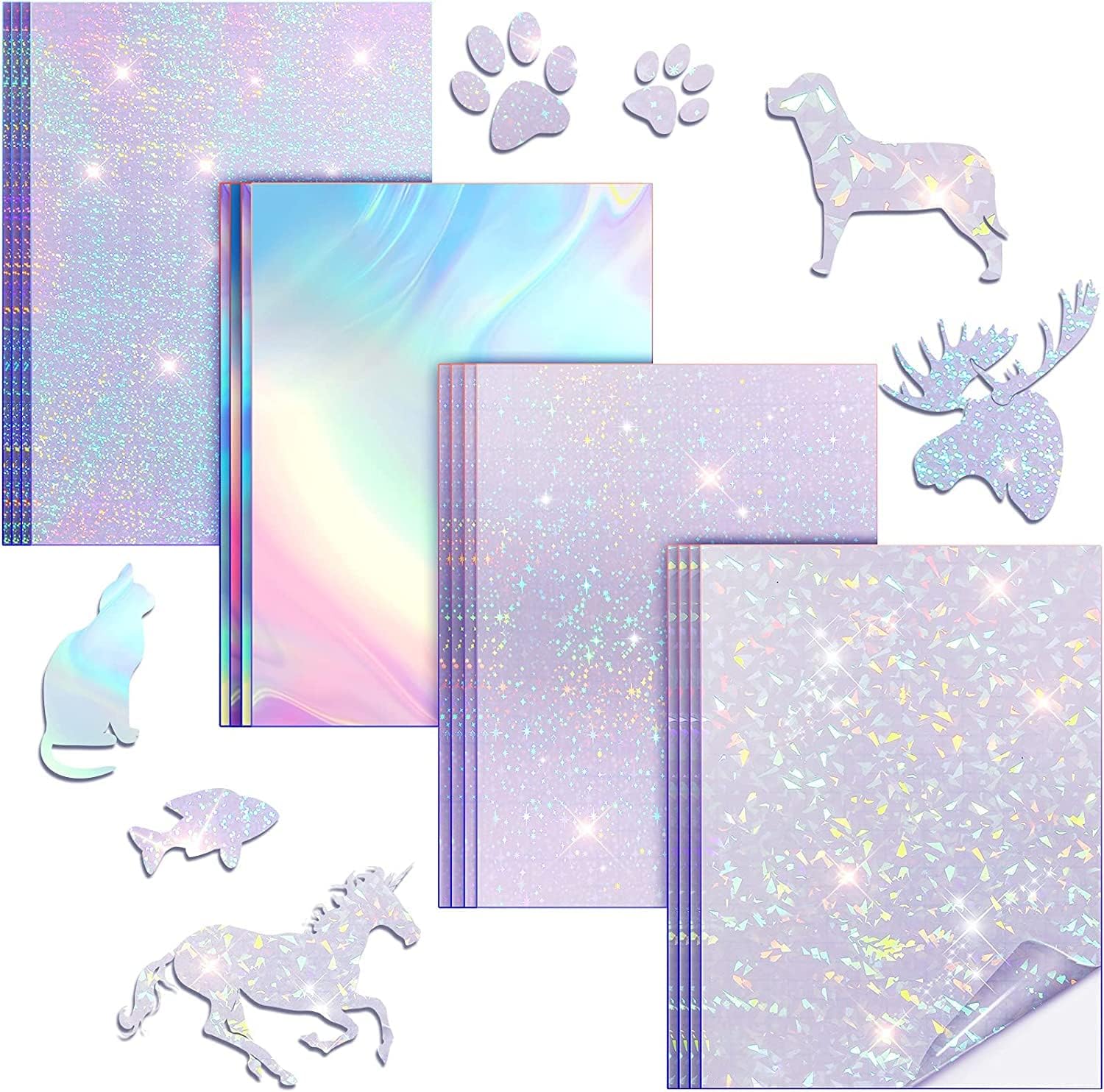 SYOSI Holographic Sticker Paper Clear A4 Vinyl Sticker Paper Self-Adhesive Waterproof Transparent Film with Gem Spot Rainbow Star Patterns, A4 Size, 20 Sheets