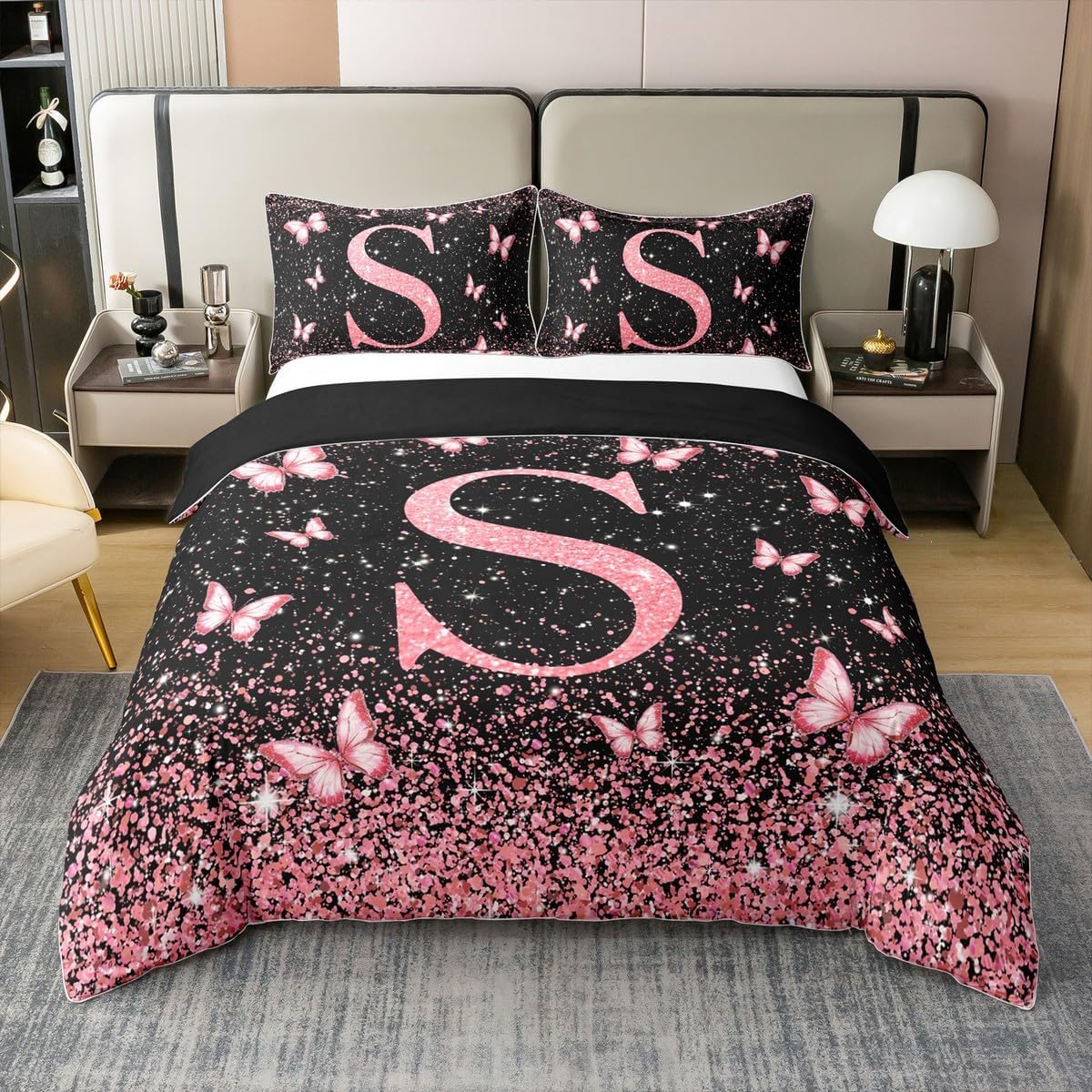 Feelyou Pink Butterfly Duvet Cover 100% Cotton Twin Size Individual Letters N Bedding Set for Boys Girls Glitter Print Comforter Cover Pretty Animal Bedroom Decor 2Pcs Zipper with 1 Pillowcase