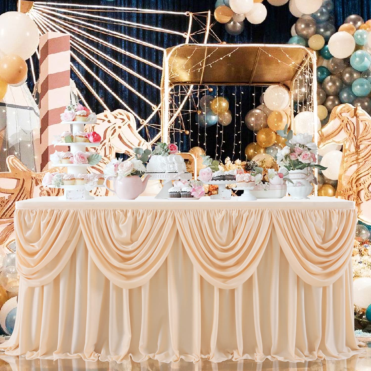 6FT Champagne Polyester Pleated Table Skirt for Baby Shower wedding  Banquets Bridal Shower Buffet Decoration Classical Valance Ruffle Tablecloth