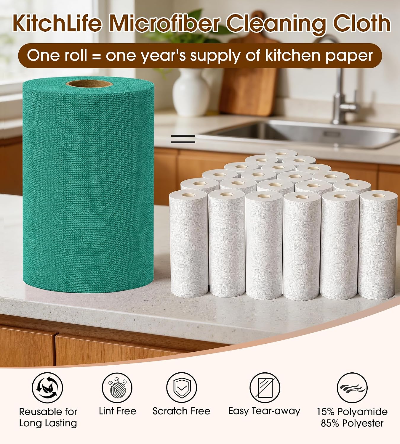 KitchLife Microfiber Cleaning Cloth Roll, 100 Pack - Tear-Away Microfiber Paper Towels, Lint-Free, Reusable, Washable for Kitchen, Car, Dishes, and Sensitive Surfaces (Forest Green) image 3