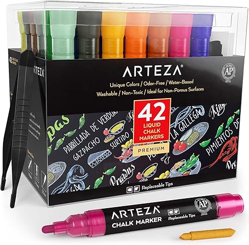 Rotuladores de tiza líquida ARTEZA pack con 42 colores a base de agua con 50 etiquetas para pizarra y puntas de recambio para niños adultos bistros