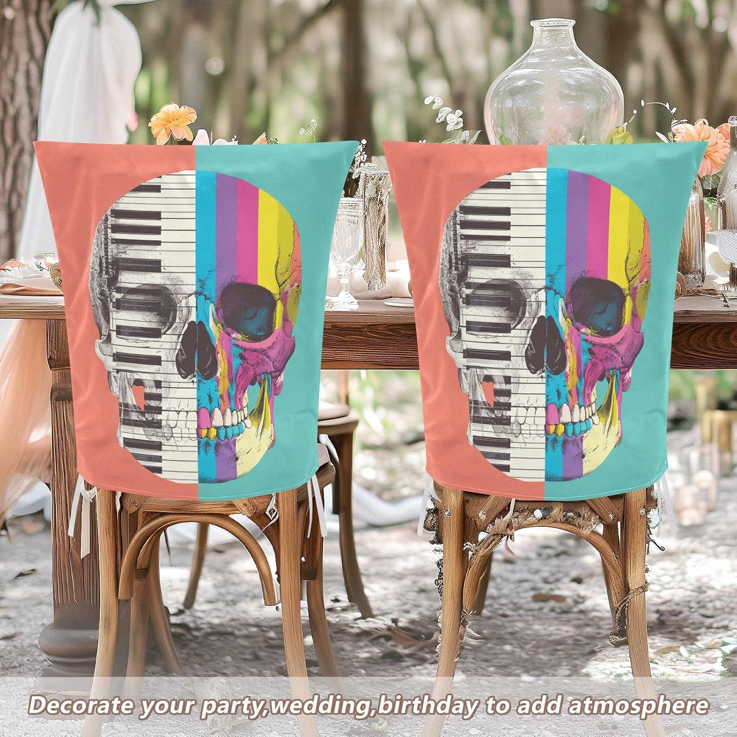 ALAZA Music Piano Keys and Skull Chair Back Cover Set of 6, Washable Reusable Removable Chair Slipcovers Decorative Chair Cover for Home Kitchen Wedding Party