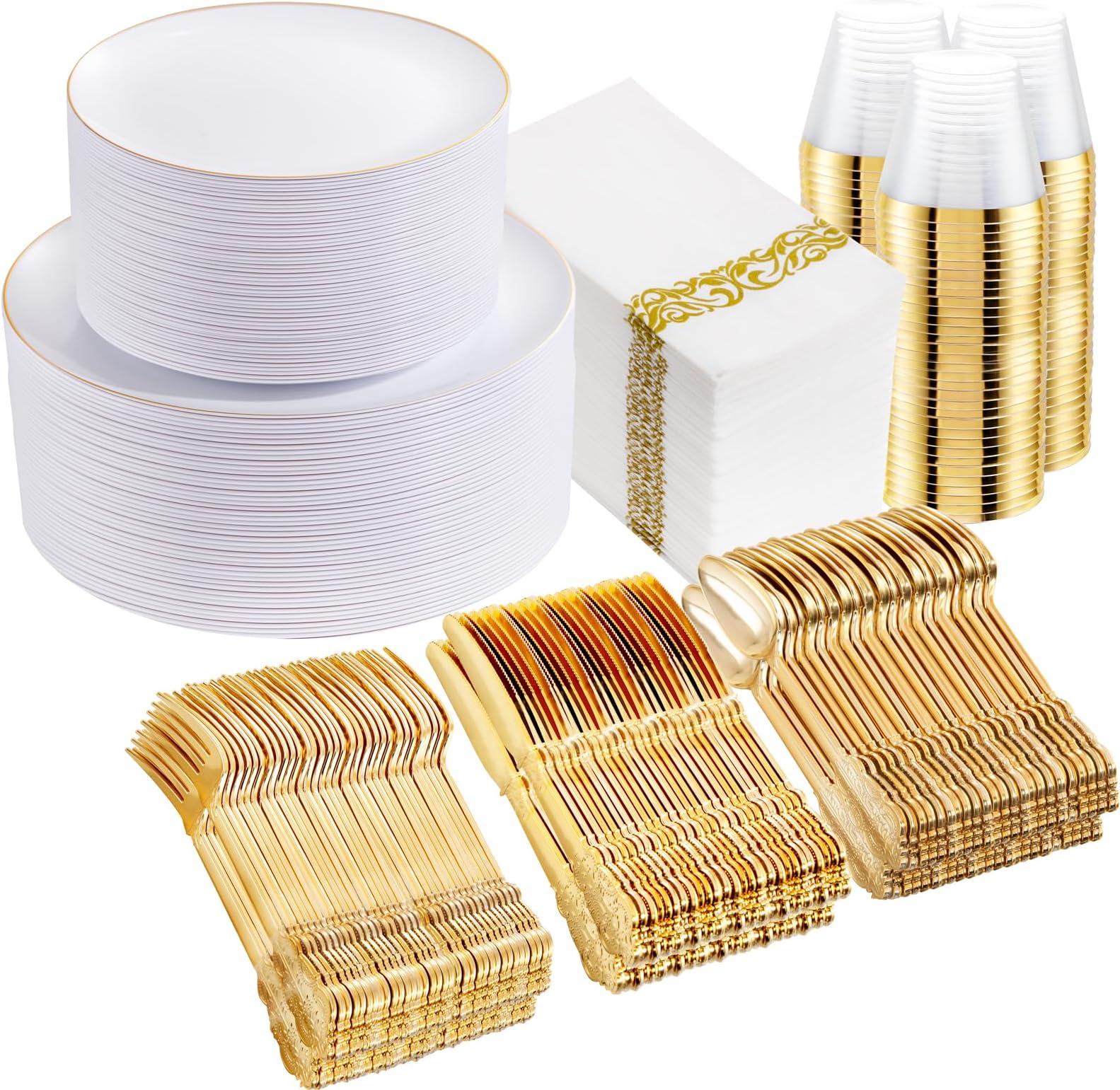 DaYammi 700 PCS Gold Plastic Dinnerware Sets, Includes: 100 Gold Rim Dinner Plates, 100 Salad Plates, 100 Paper Napkins,100 Cups 9 OZ, 100 Plastic Silverware Set, Perfect for Party