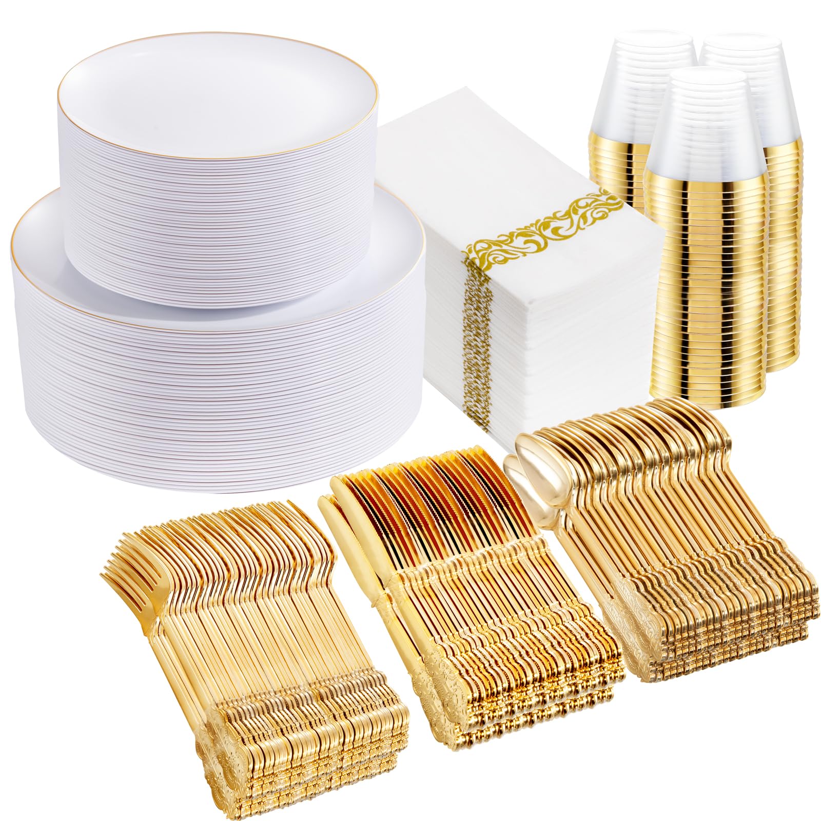DaYammi 700 PCS Gold Plastic Dinnerware Sets, Includes: 100 Gold Rim Dinner Plates, 100 Salad Plates, 100 Paper Napkins,100 Cups 9 OZ, 100 Plastic Silverware Set, Perfect for Party