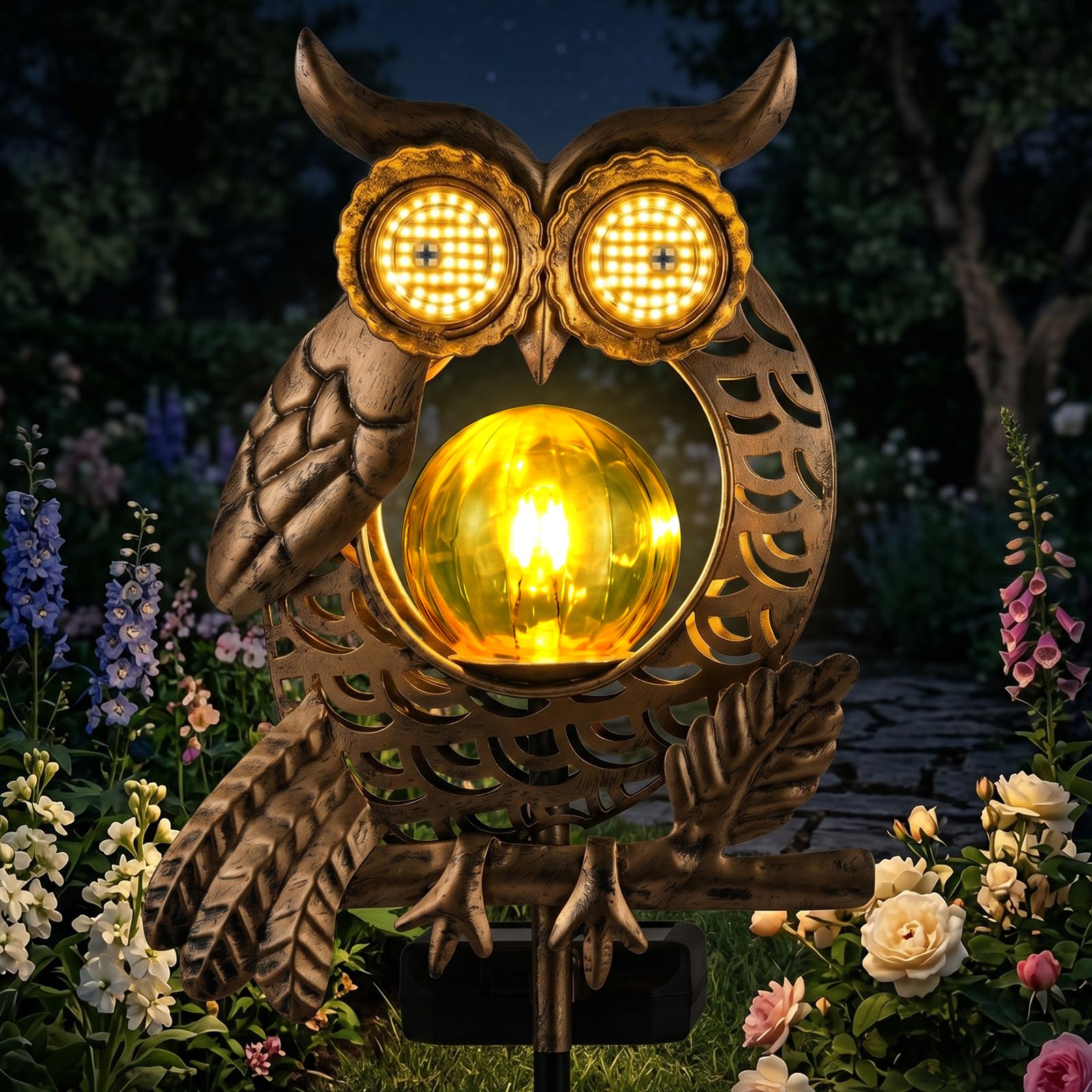 Solarlampen für Außen Gartendeko für Draußen Wetterfest Upgrade Eule Solar Lichter mit Bewegliche Augen LED Glaskugel Schäferhaken für Braußen Gehwege Hof Terrasse Garten deko Geschenk