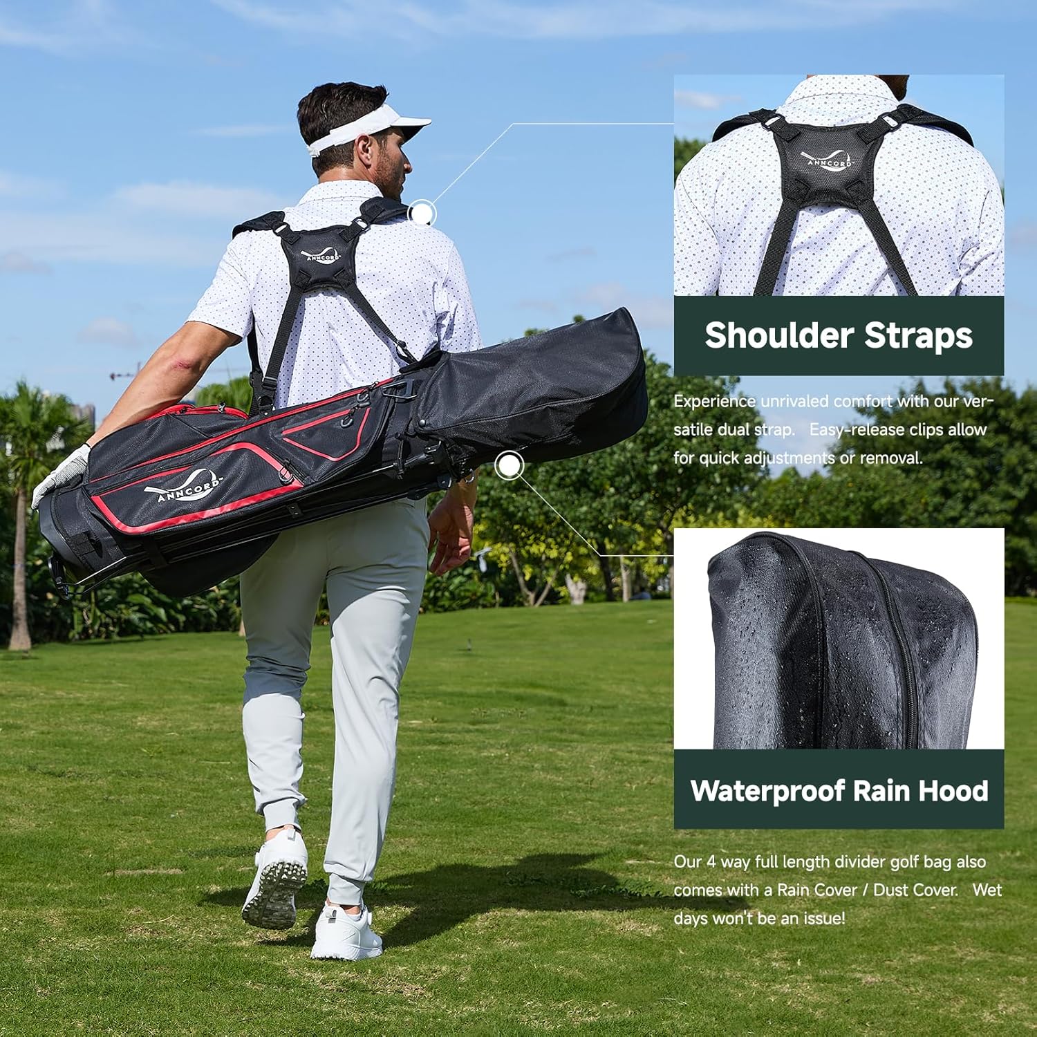 Anncord Golf Stand Bag with 4 Way Full Length Dividers, 4.4 Lbs Lightweight Golf Bag for Men Women, Waterproof Golf Carry Bags w/Stand, 7 Pockets & Cooler Pouch, Dual Straps, Rain Hood