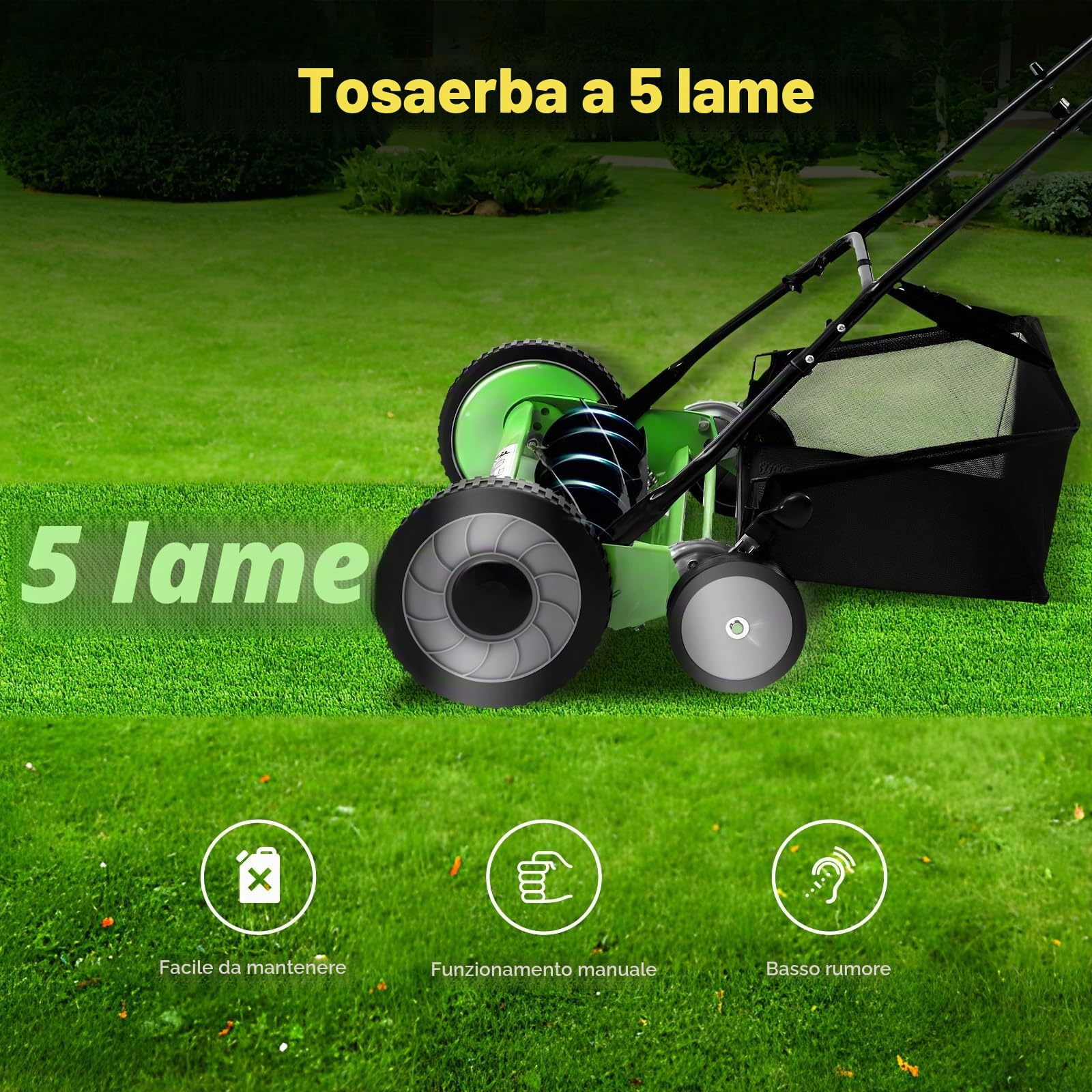 Tosaerba manuale da 50,8 cm, con cesto di raccolta e 5 lame, 9 livelli di altezza regolabili, 67 x 45 x 107 cm, per parchi e giardini