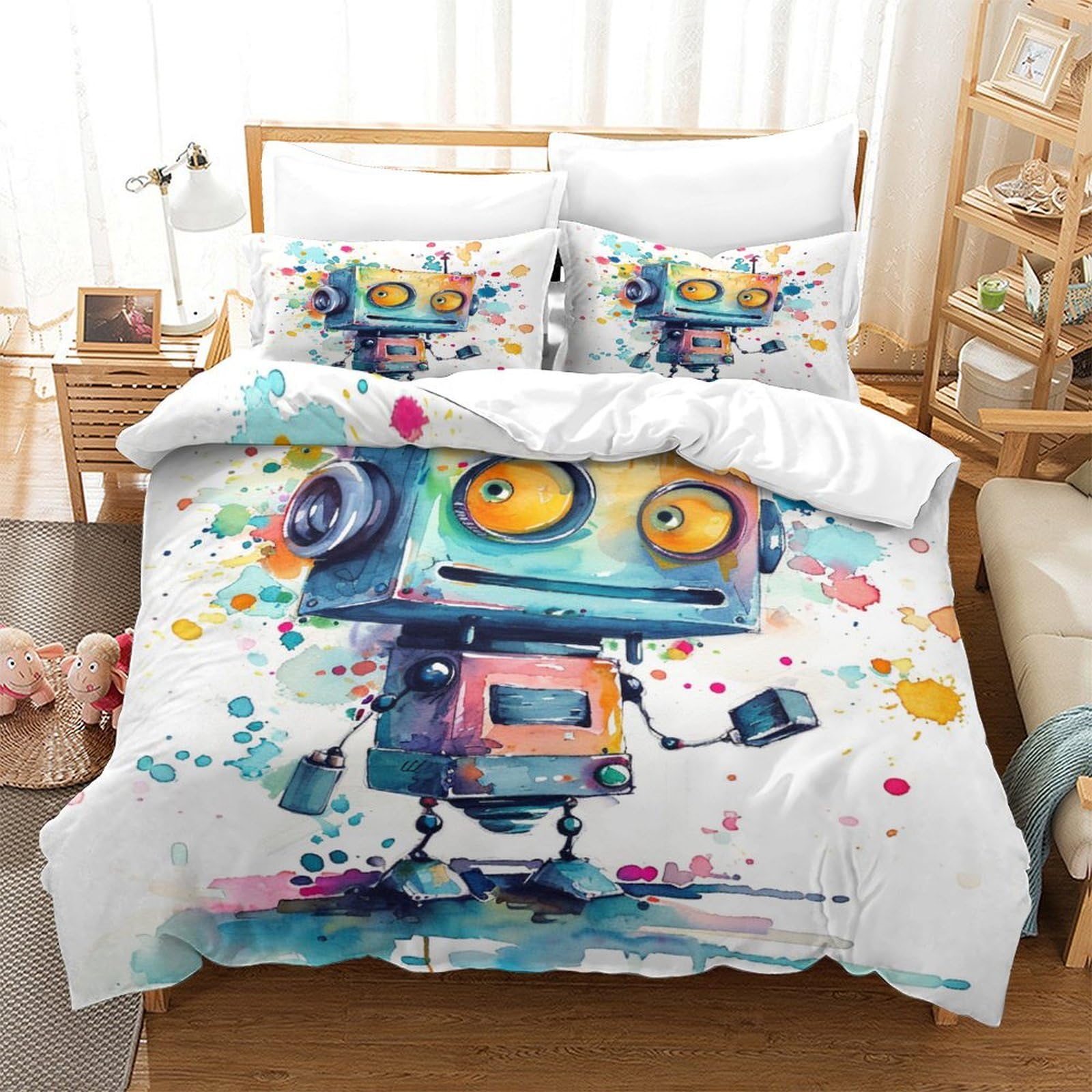 P1S9U7W5Y 3D Printed Graffiti Robot Duvet Cover Set 3pcs Microfiber Cartoon Robot Bedding Set Double（200x200cm）