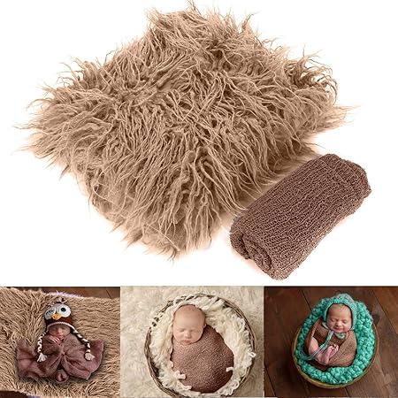 HelloCreate 2Pcs Baby Newborn Photo Props Wraps & Photography Mat, Infant Soft Faux Fur Photography Backdrops Mat Rug for Baby Boys Girls
