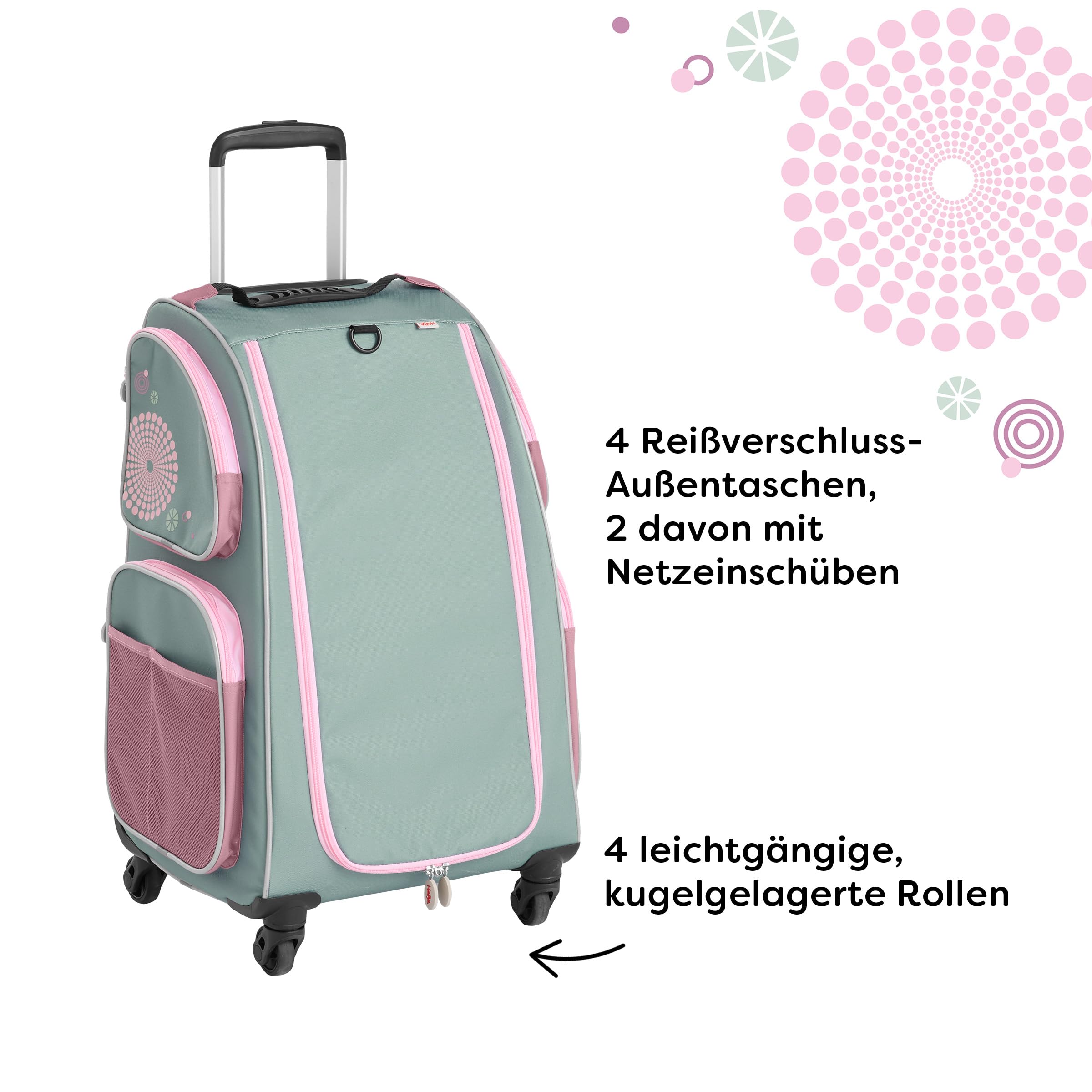 HABA Valise armoire enfant - Valise enfant en polyester recyclé + sac à linge sale, 3 tablettes amovibles, 4 poches extérieures et 4 roulettes - A partir de 5 ans - 1442797001, Sauge, Mittelgroß