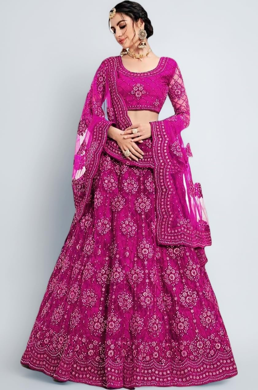 Women's Soft Net/Satin Embroidery Semi Stitched Lehenga, Choli With Dupatta Set