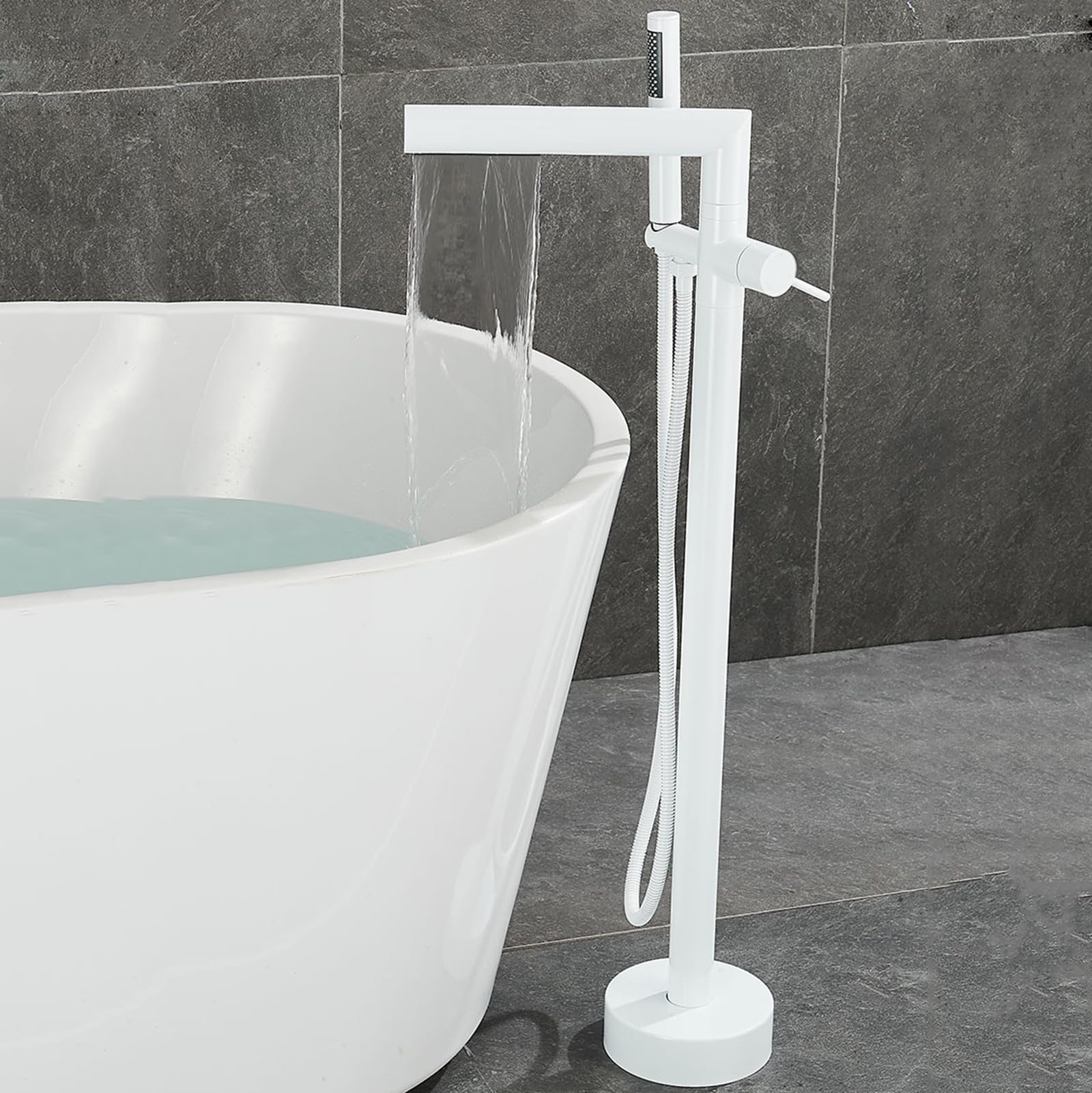 HADECOLL Floorstanding Bath Tap Waterfall Single Handle Hot And Cold Brass Freestanding Bath Shower Mixer Tap, Brushed Gold,White
