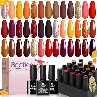 Beetles 23Pcs Gel Nail Polish Kit with Base Gel Top Coat, Full Maroon Gold Journey Yellow Red Glitter Burgundy Orange Brown Uv Gel Polish Set Fall Nails Soak Off Starter Kit Halloween Gifts for Women